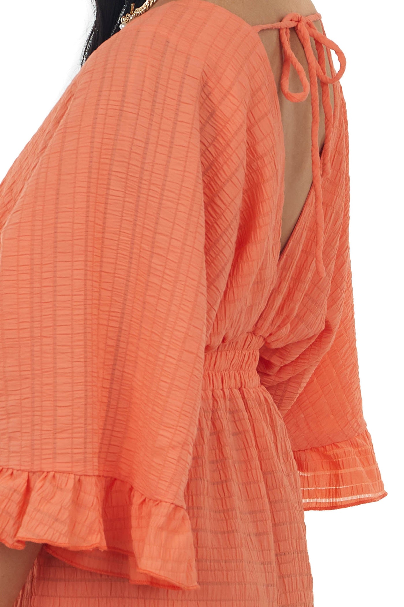Neon Salmon Surplice Kimono Sleeves Mini Dress