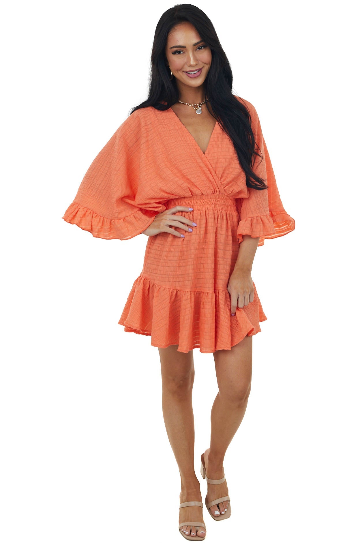 Neon Salmon Surplice Kimono Sleeves Mini Dress