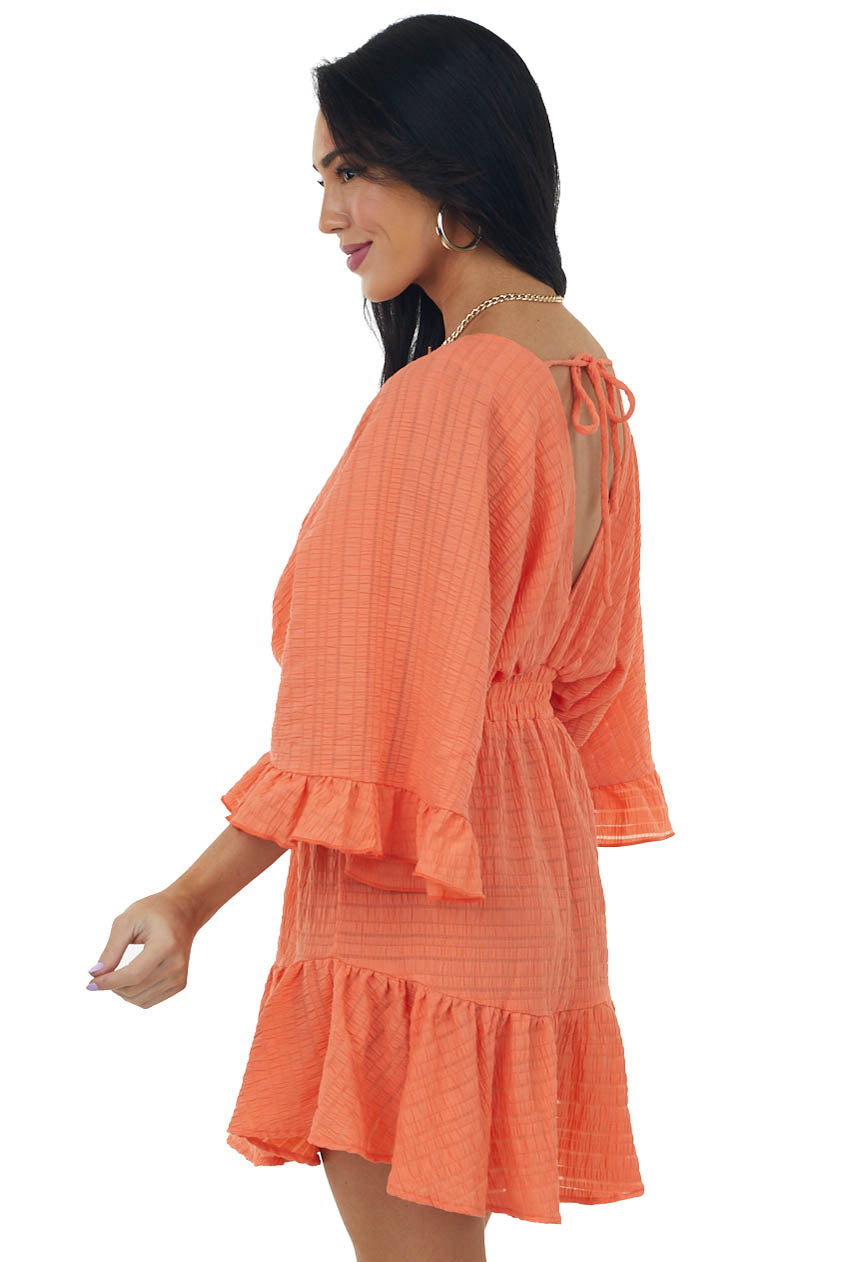 Neon Salmon Surplice Kimono Sleeves Mini Dress