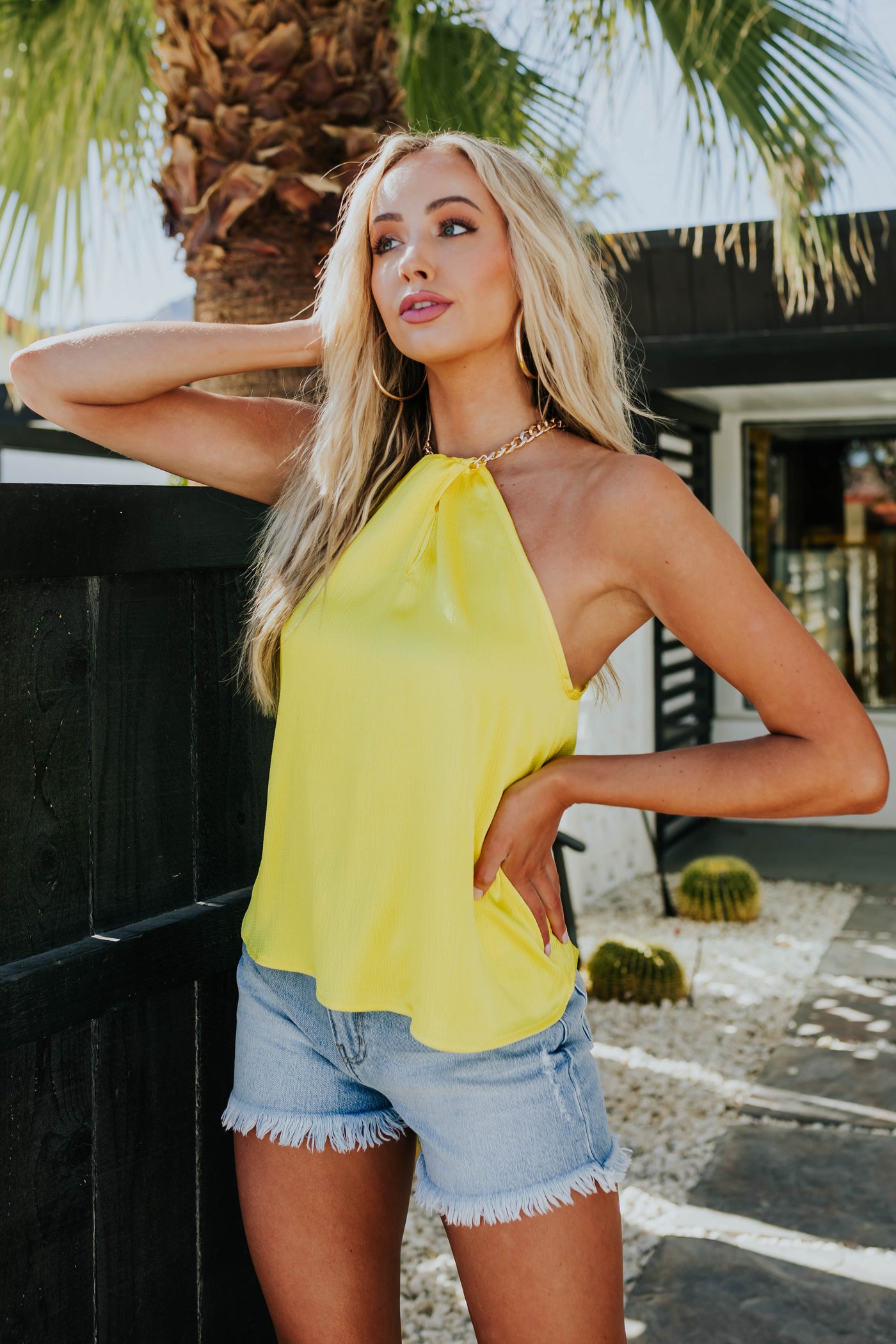 Neon Yellow Chain Halter Neck Satin Blouse