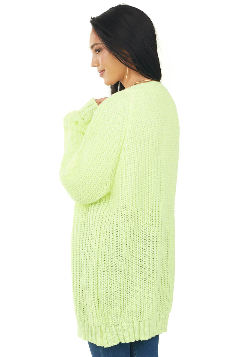 Neon Yellow Open Front Long Sleeve Knit Cardigan