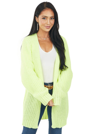 Neon Yellow Open Front Long Sleeve Knit Cardigan