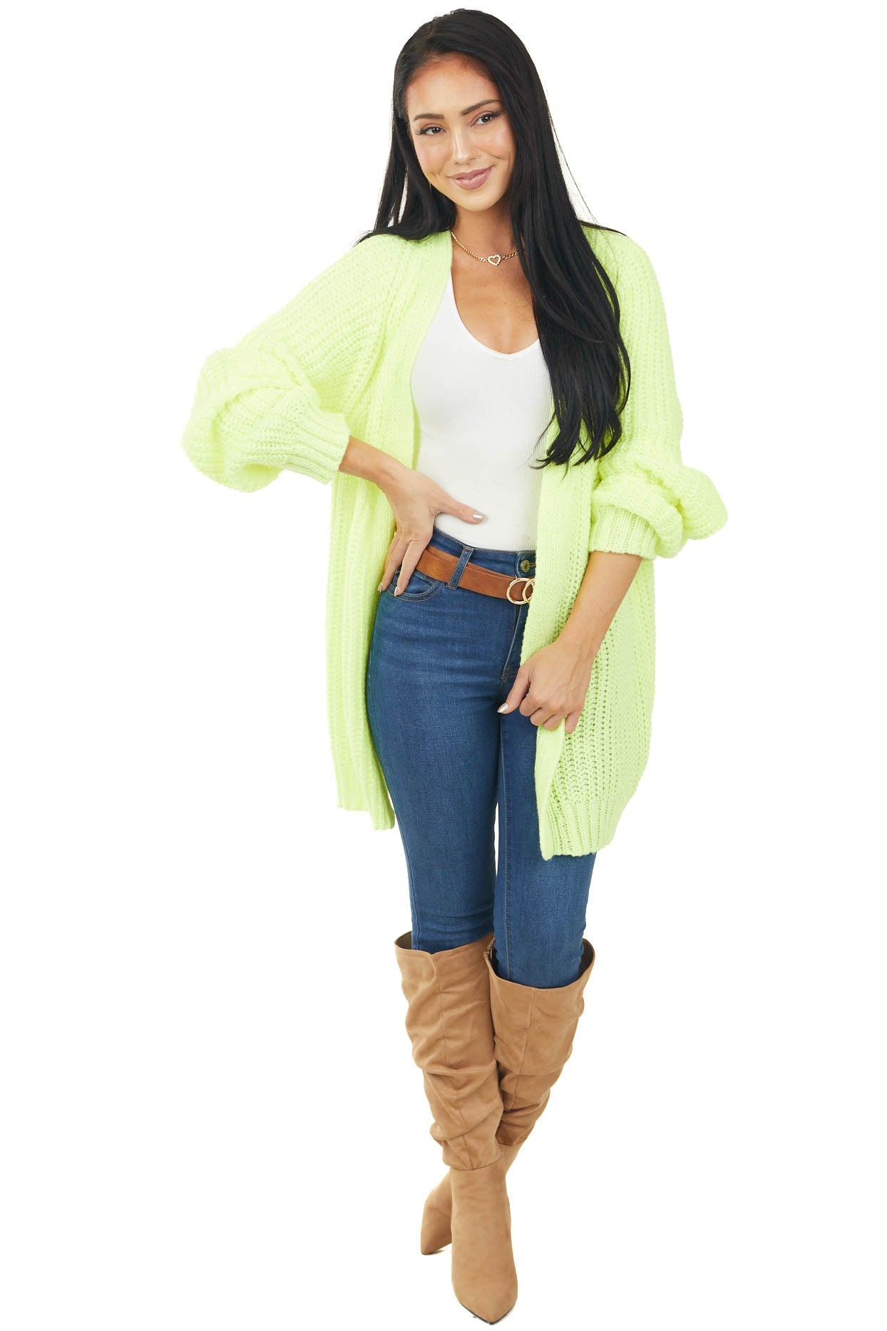 Neon Yellow Open Front Long Sleeve Knit Cardigan