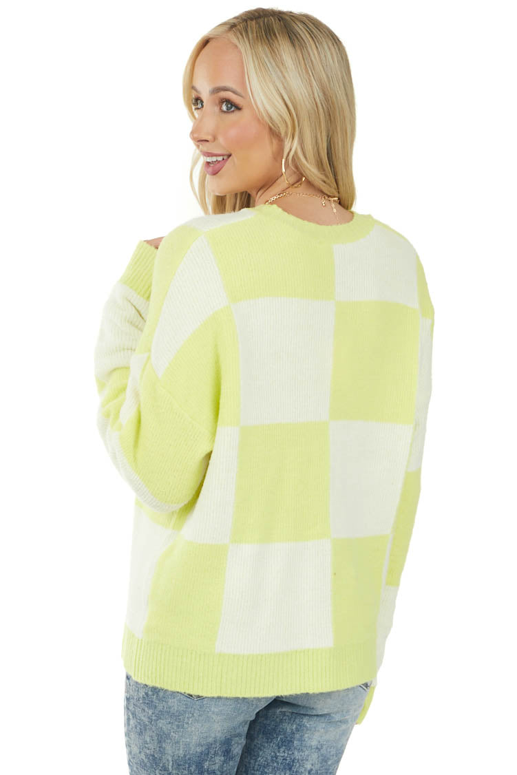 Neon Yellow and Ivory Checkered Brushed Sweater