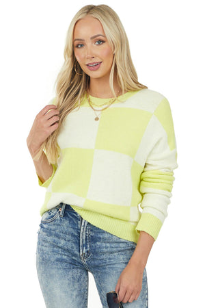 Neon Yellow and Ivory Checkered Brushed Sweater