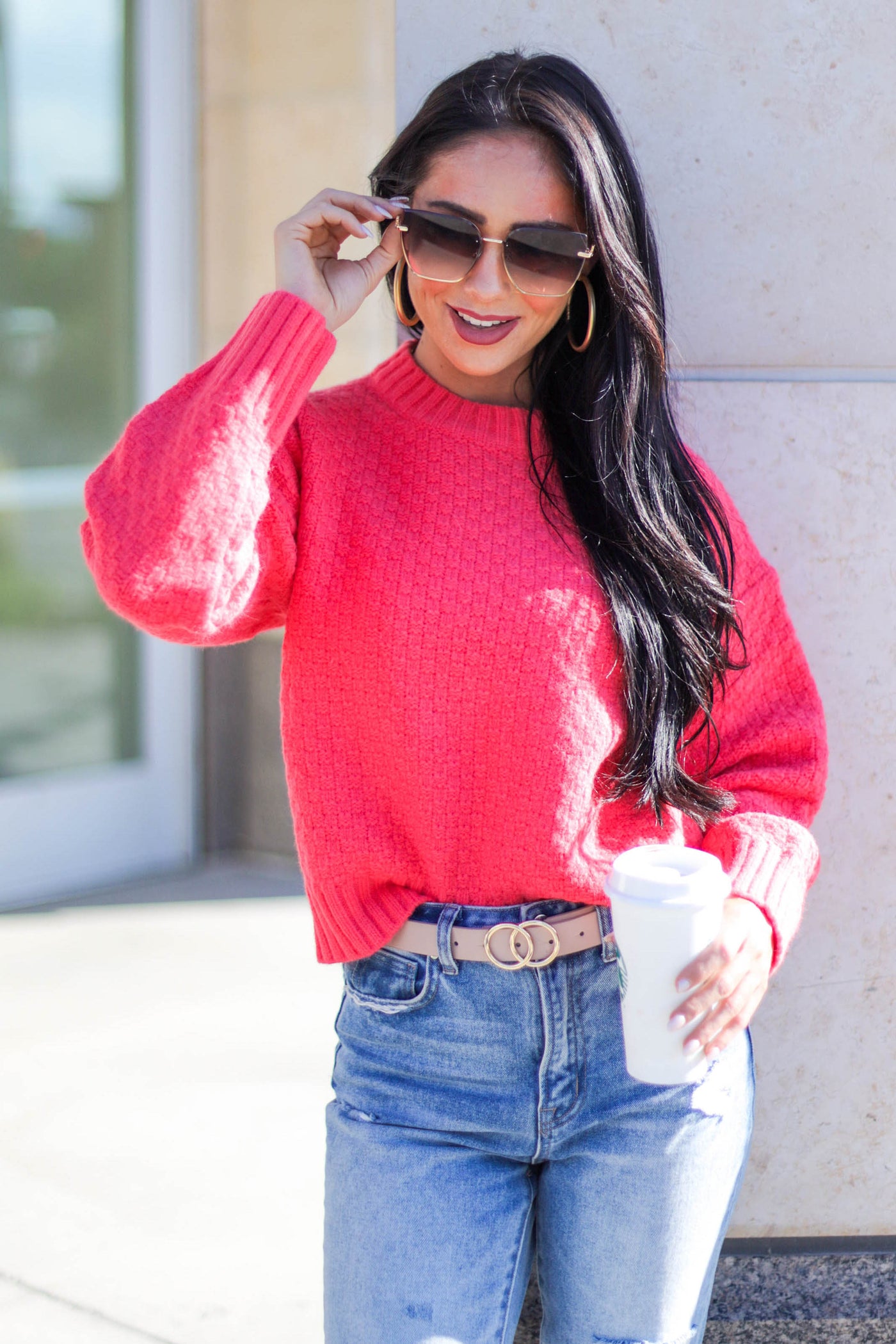 Neon Watermelon Textured Thick Knit Sweater