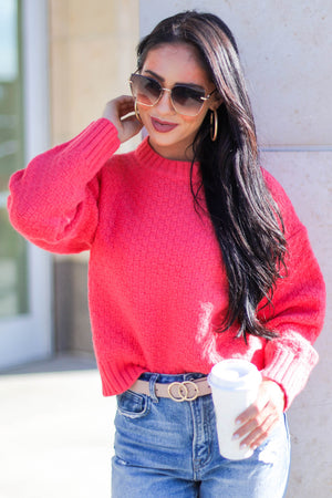 Neon Watermelon Textured Thick Knit Sweater