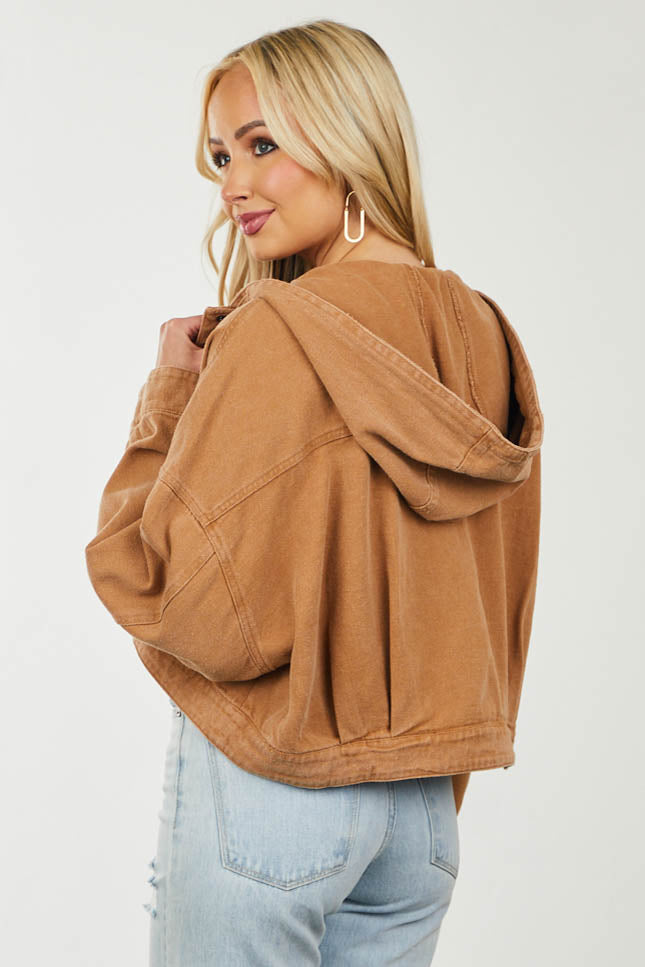 Nude Button Up Cropped Denim Jacket with Hood