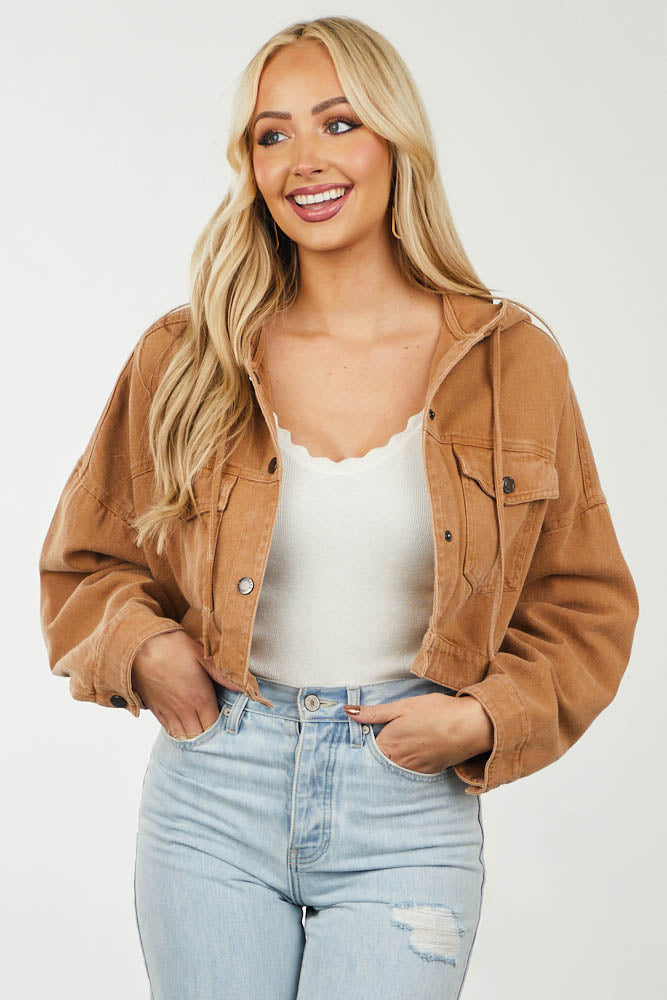 Nude Button Up Cropped Denim Jacket with Hood