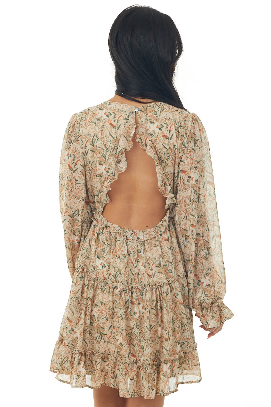 Nude Floral Print Mini Dress with Open Back