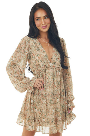 Nude Floral Print Mini Dress with Open Back