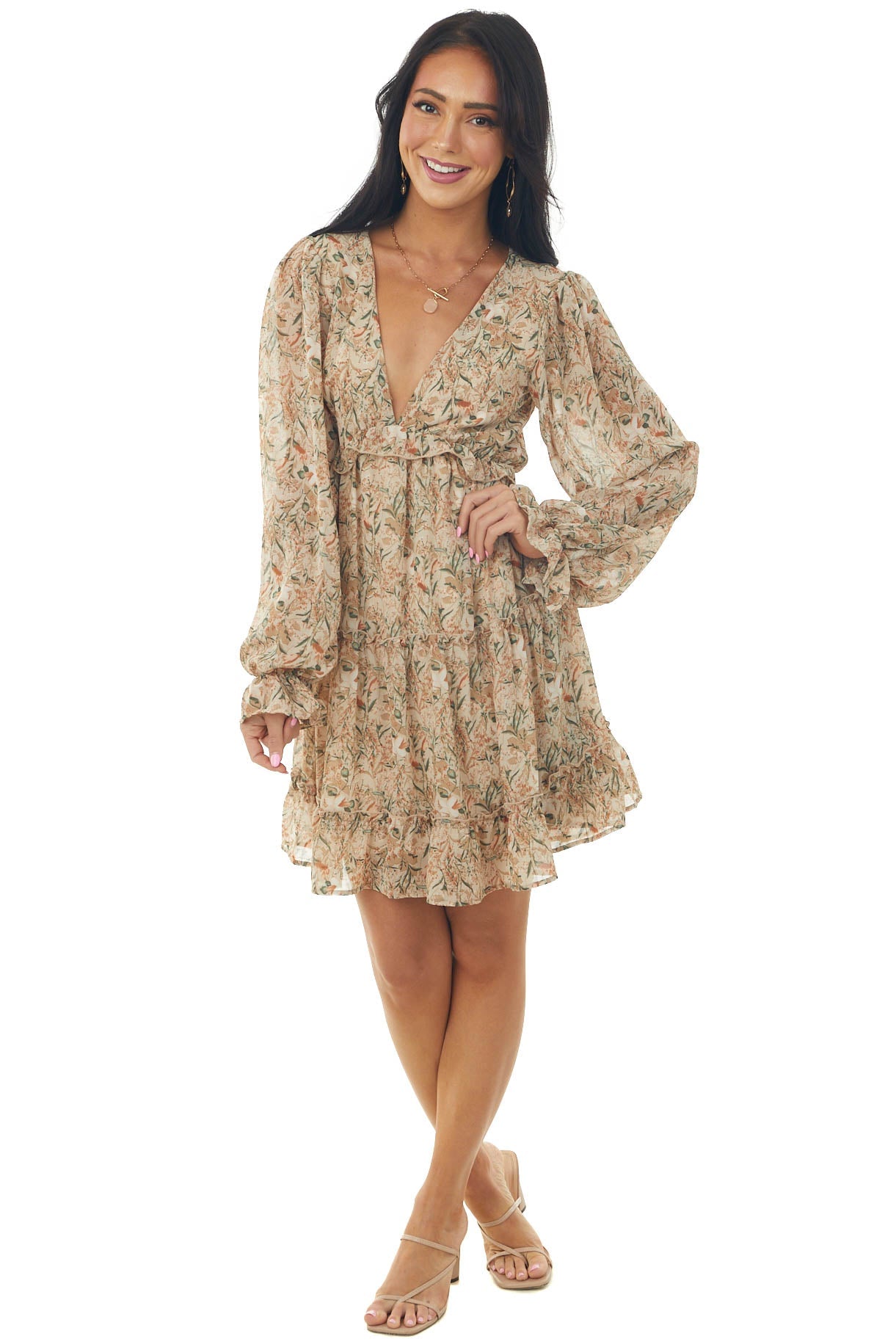 Nude Floral Print Mini Dress with Open Back