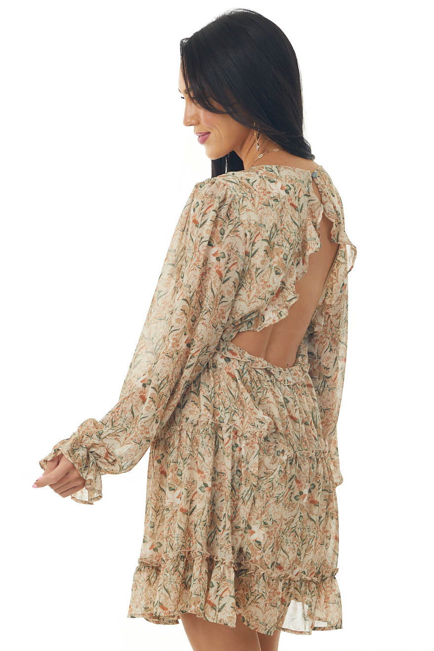 Nude Floral Print Mini Dress with Open Back