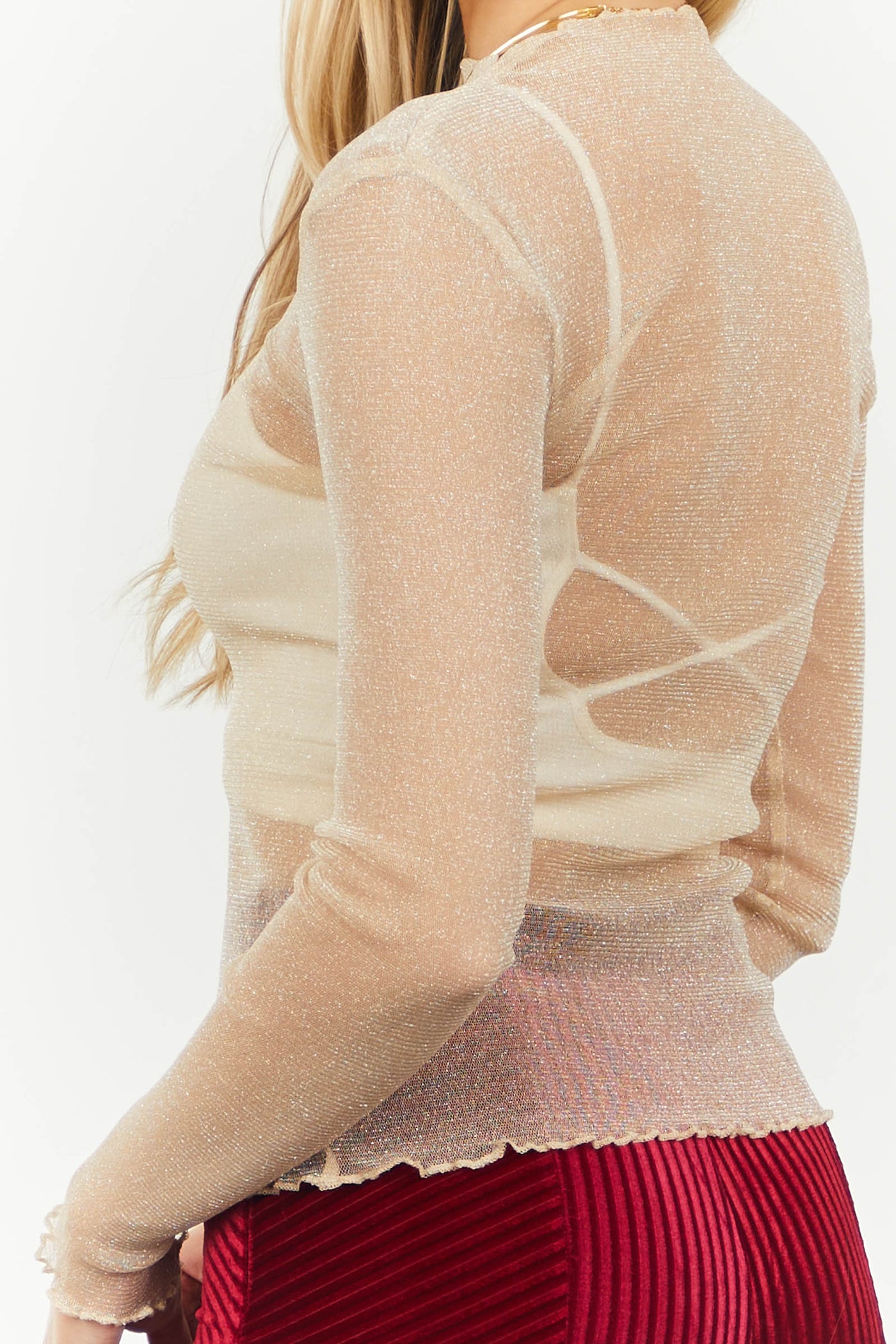 Nude Glittery Lettuce Trim Sheer Knit Top