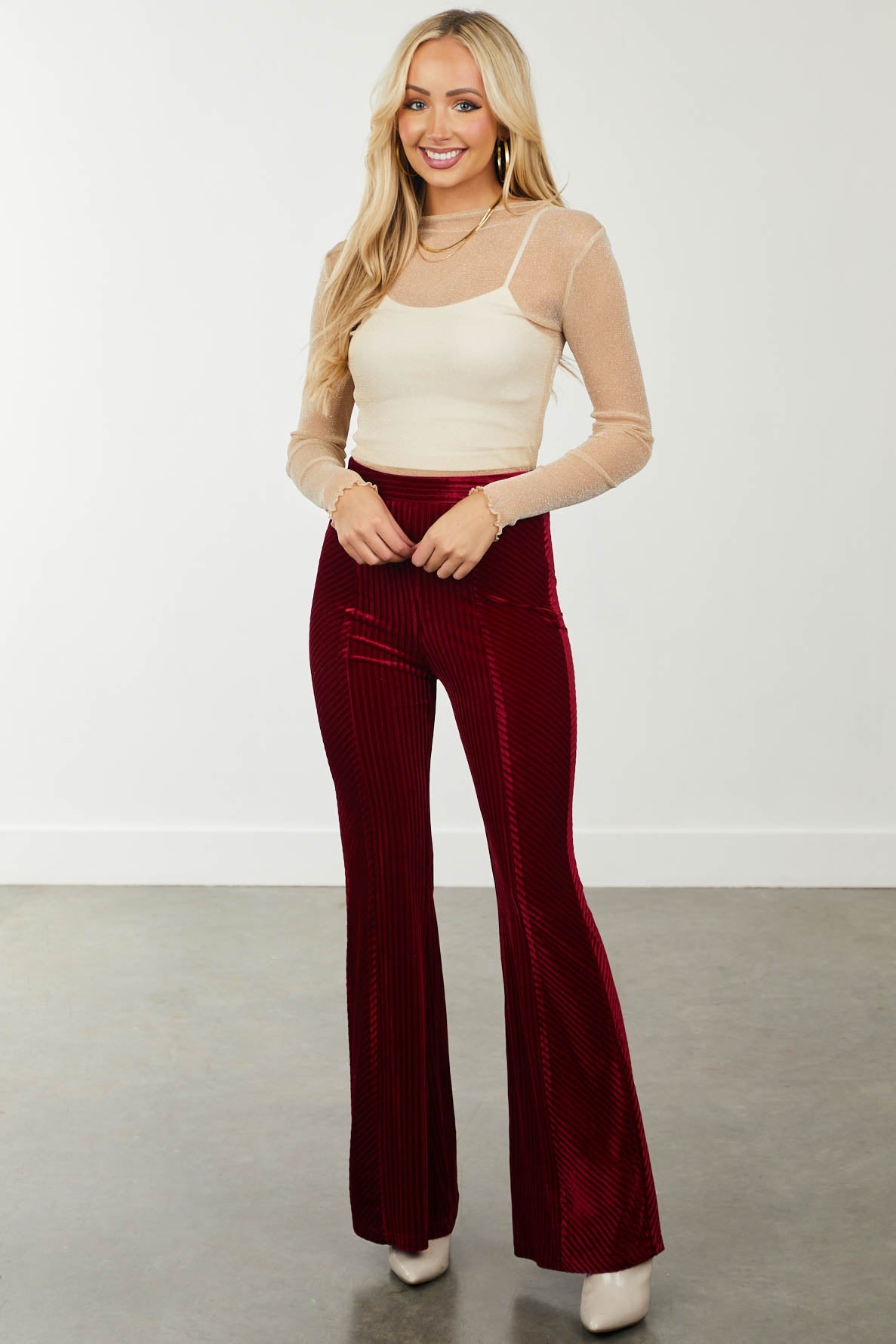 Nude Glittery Lettuce Trim Sheer Knit Top