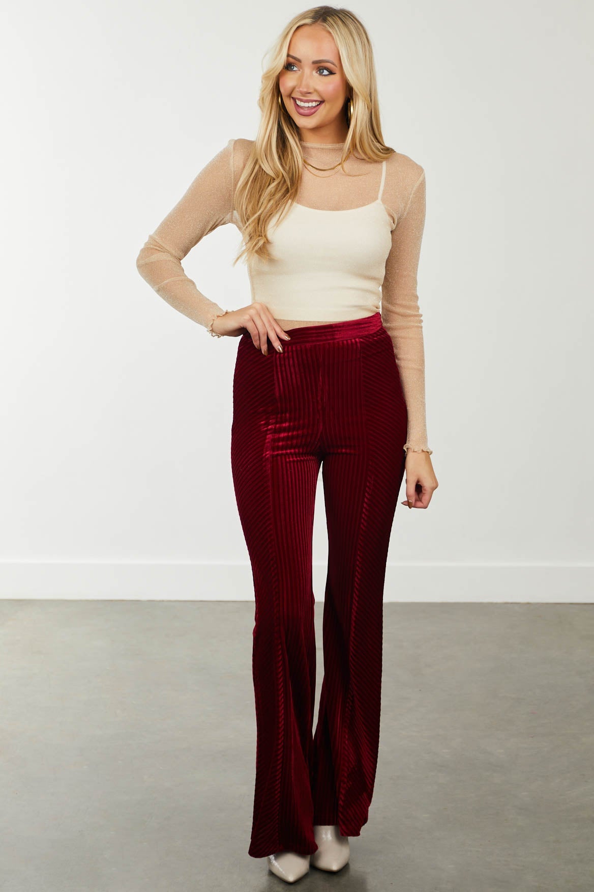 Nude Glittery Lettuce Trim Sheer Knit Top