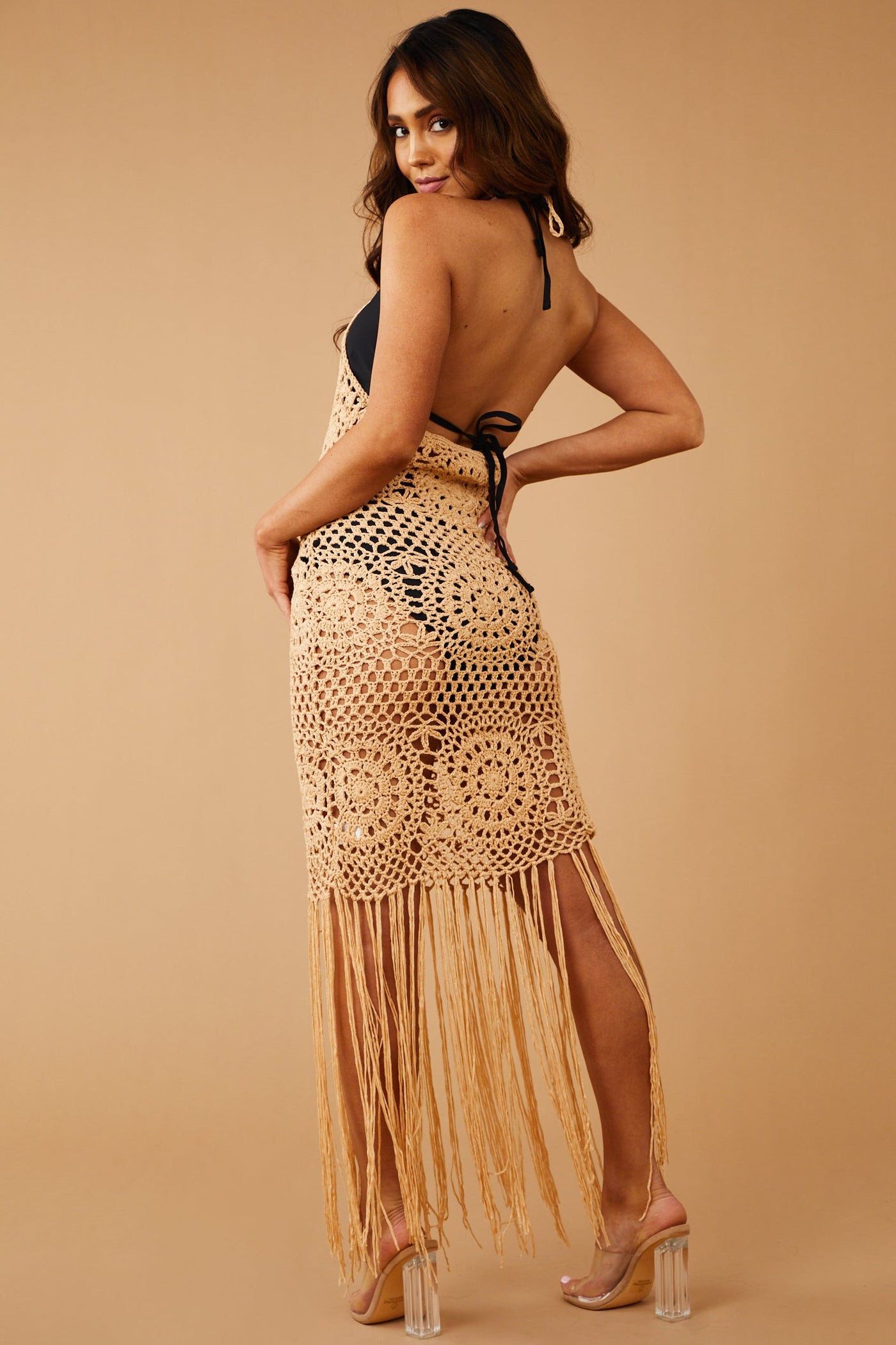 Nude Halter Neck Fringe Hem Crochet Knit Dress