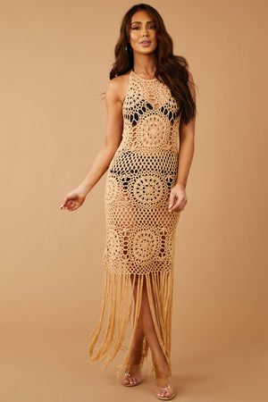 Nude Halter Neck Fringe Hem Crochet Knit Dress