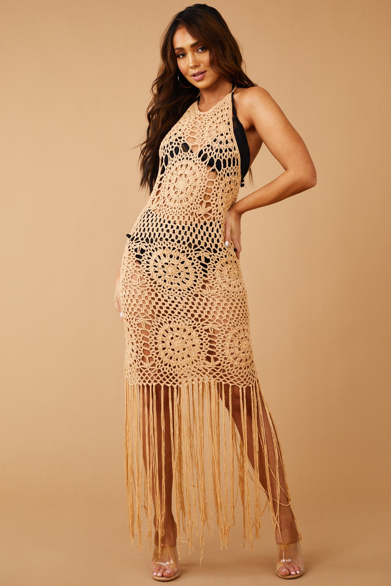 Nude Halter Neck Fringe Hem Crochet Knit Dress