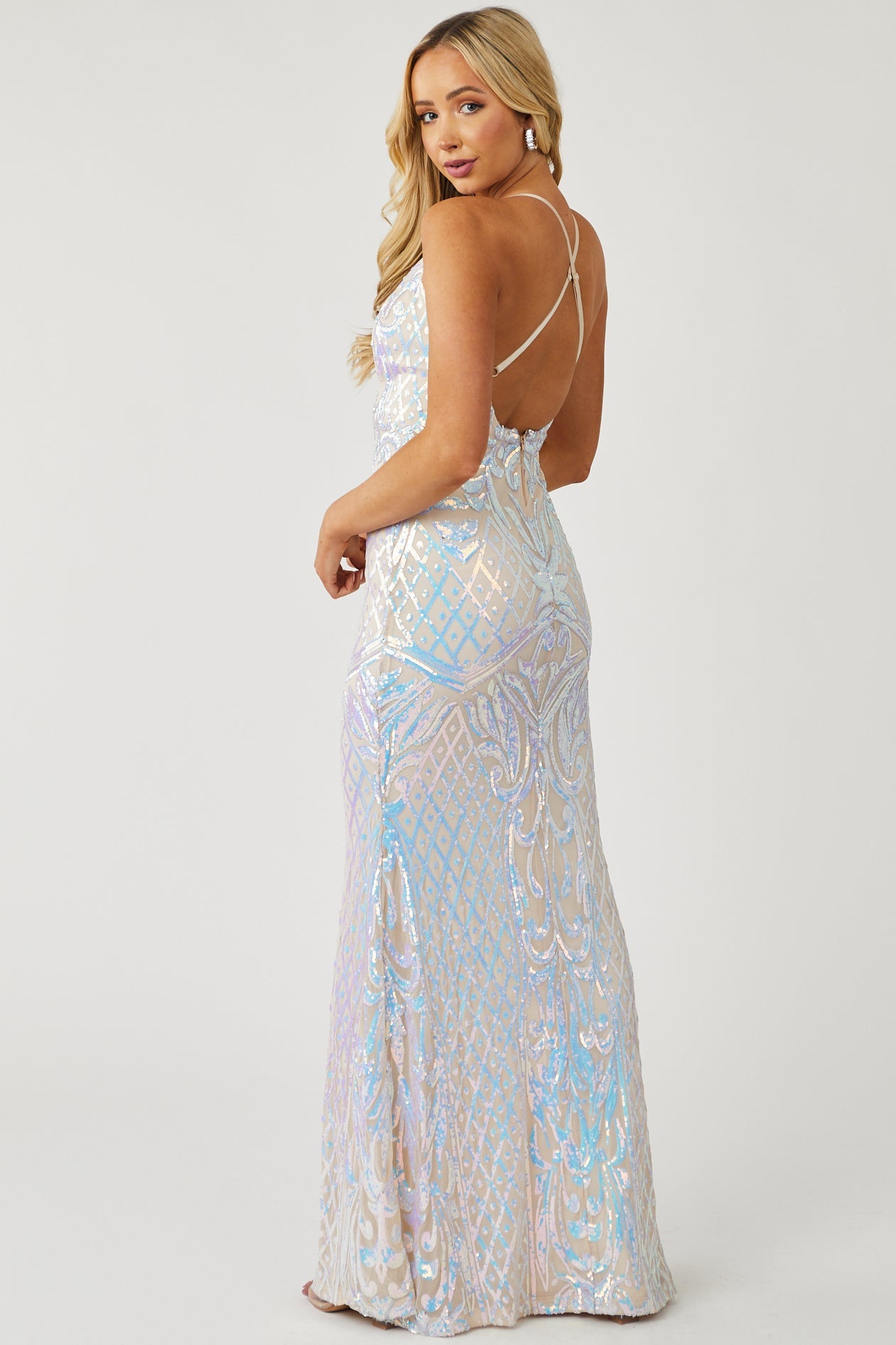 Nude Mesh Iridescent Sequined Printed Maxi Dress