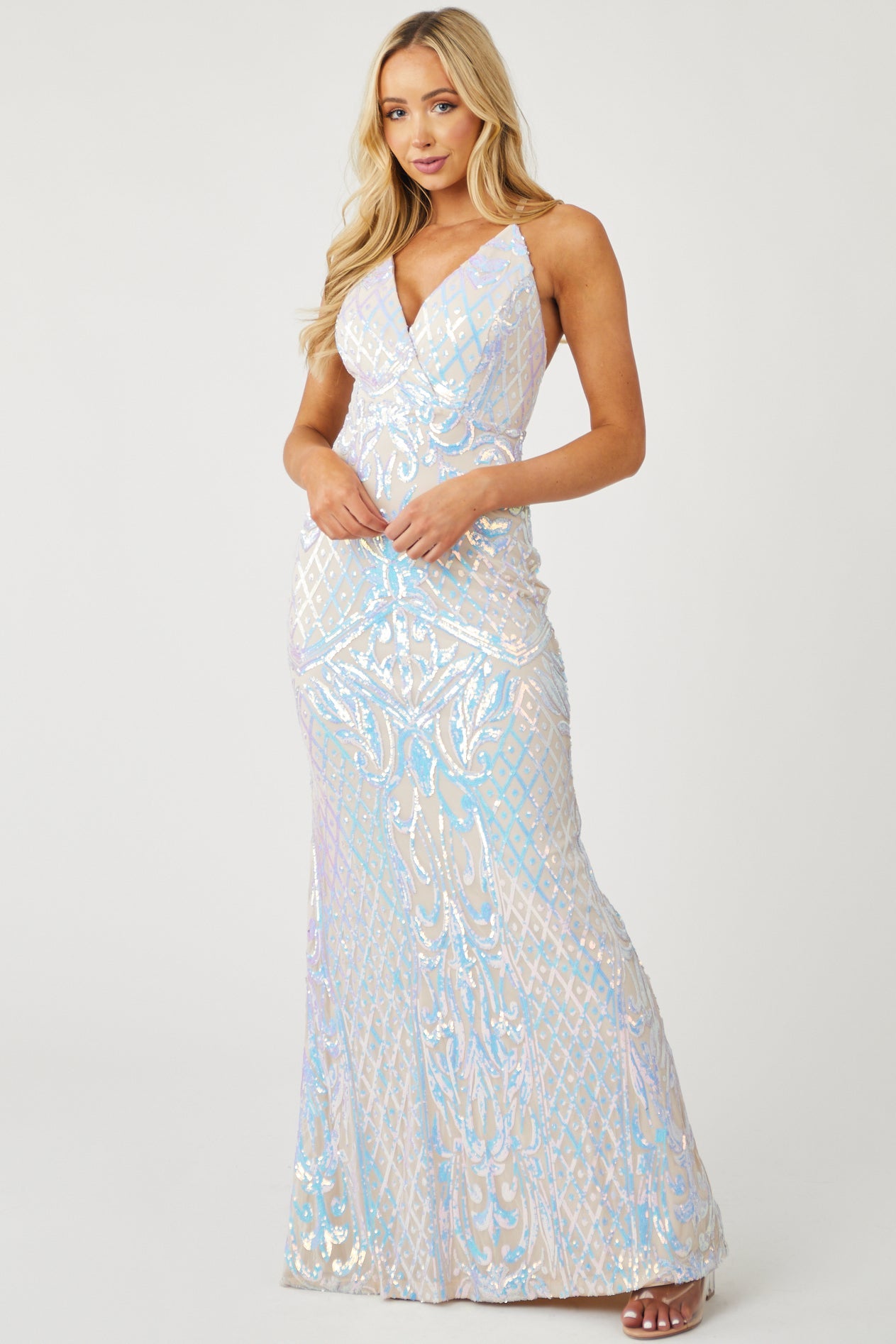 Nude Mesh Iridescent Sequined Printed Maxi Dress