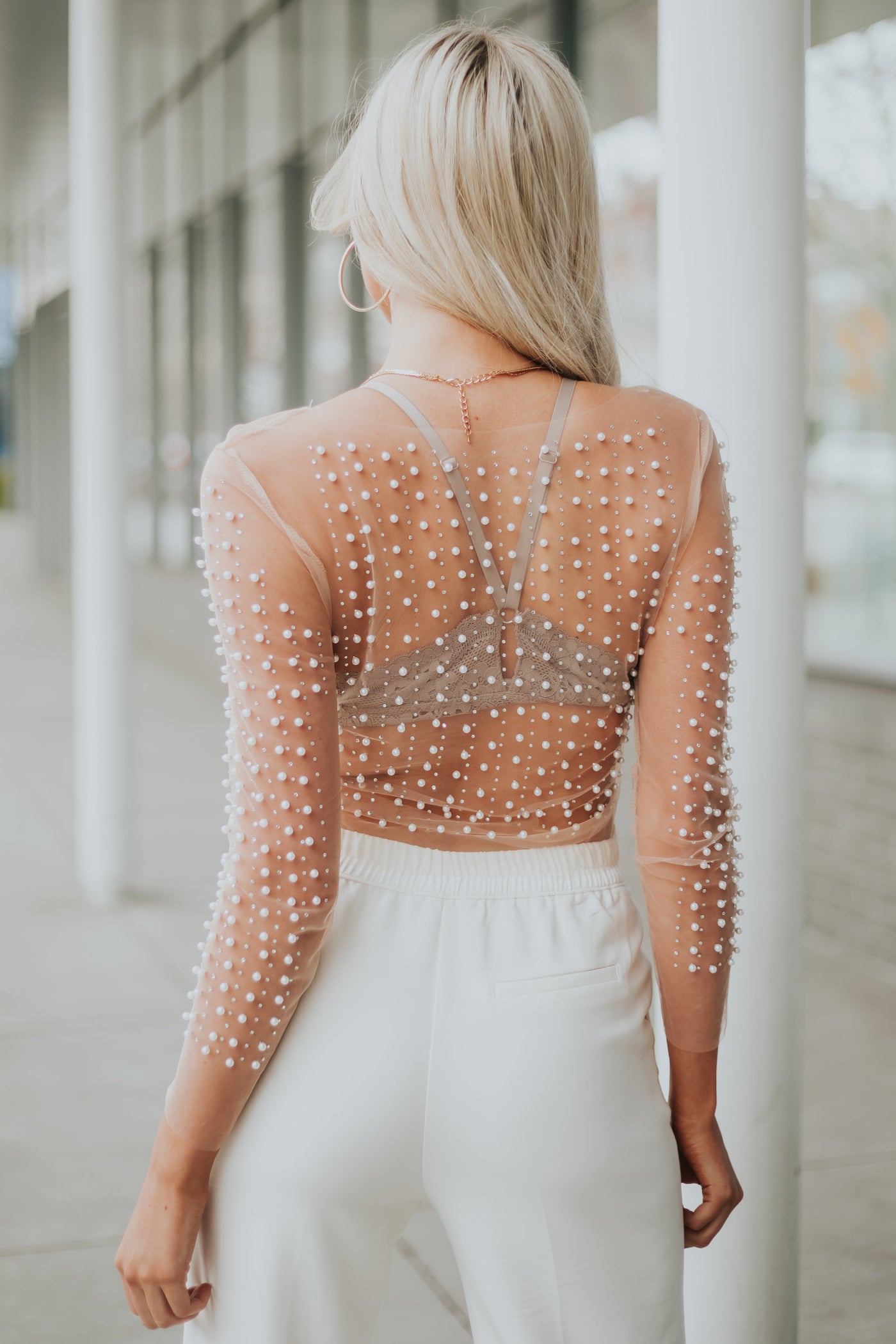 Nude Pearl Embellished Long Sleeve Mesh Top