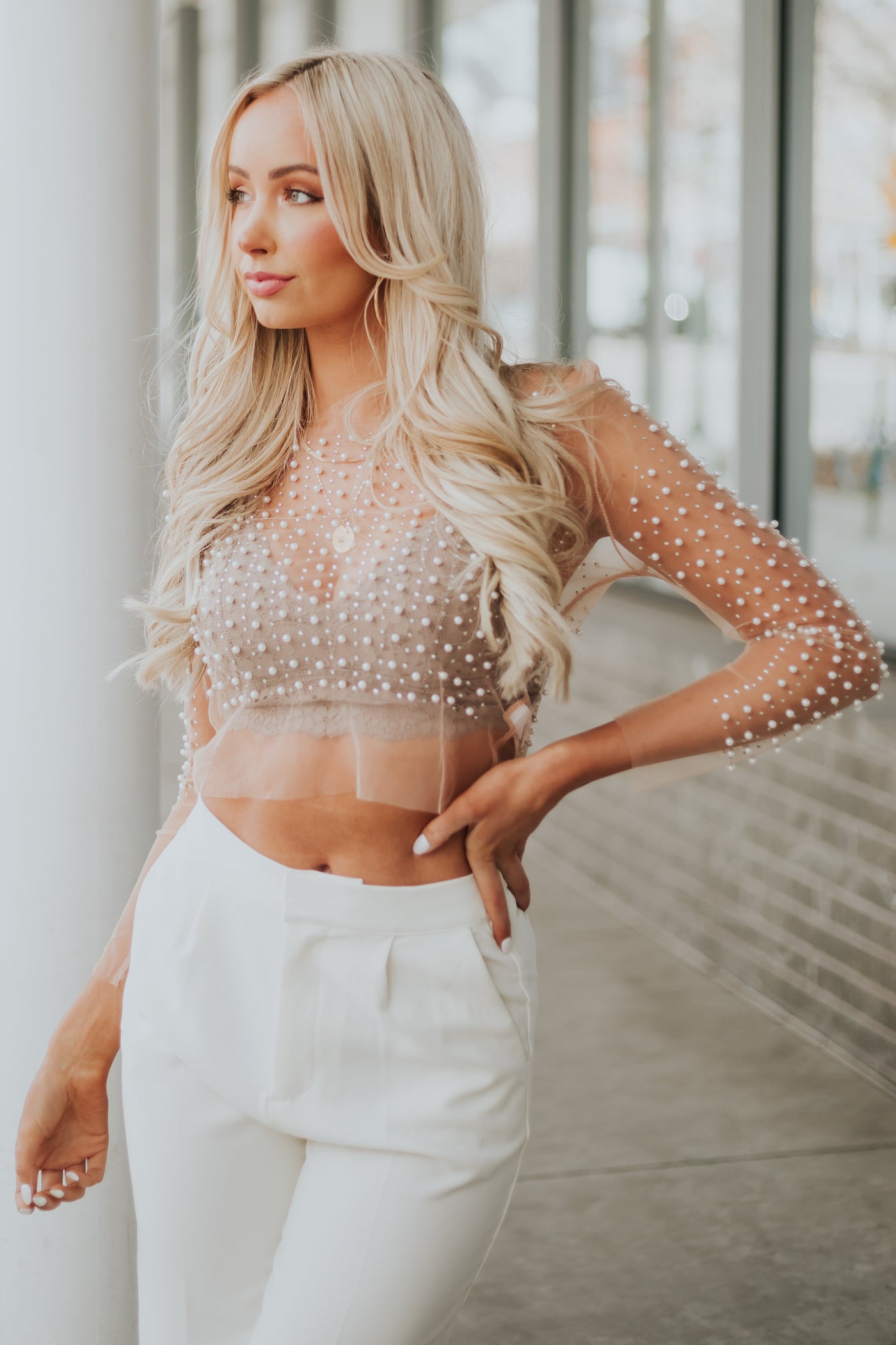 Nude Pearl Embellished Long Sleeve Mesh Top