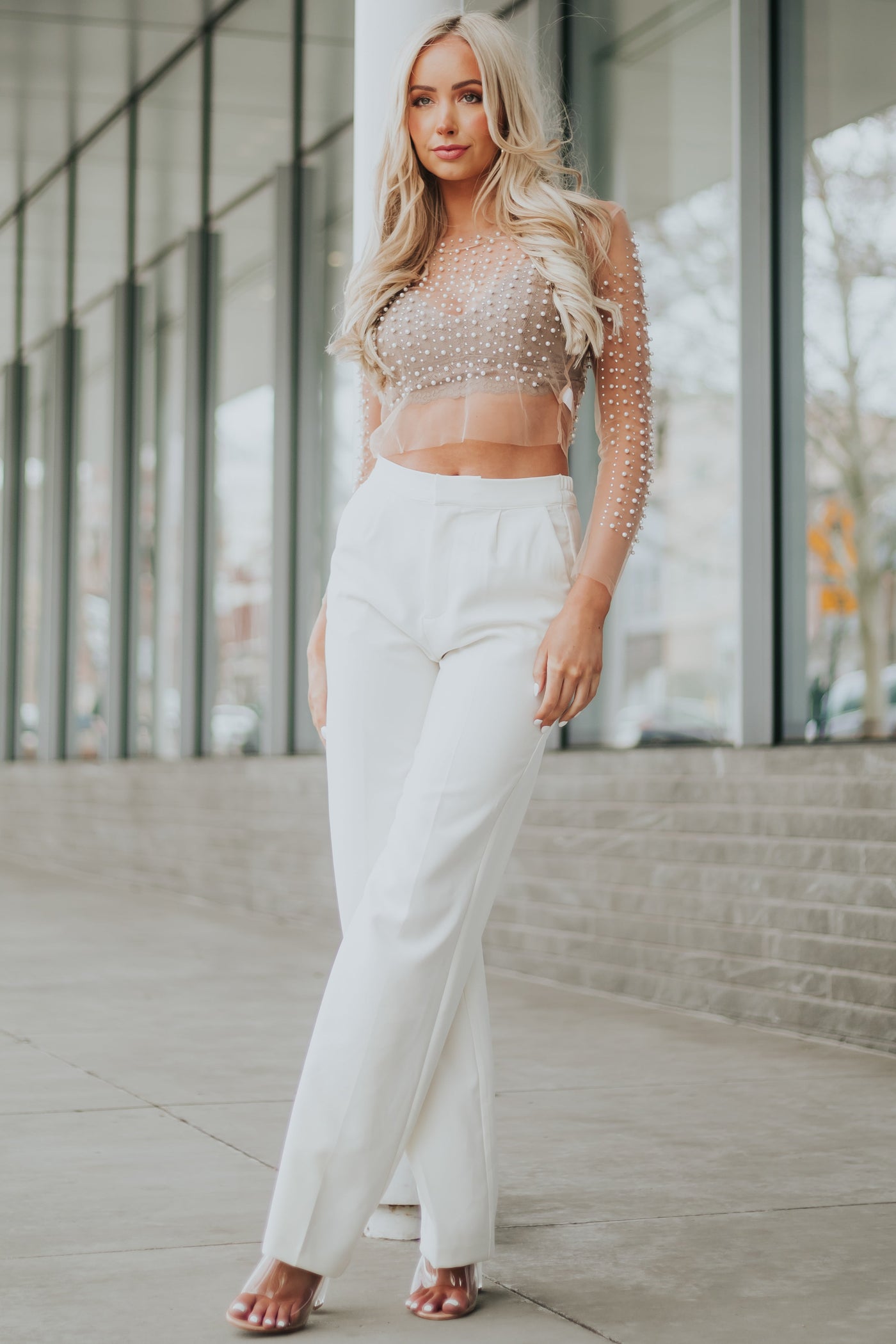 Nude Pearl Embellished Long Sleeve Mesh Top