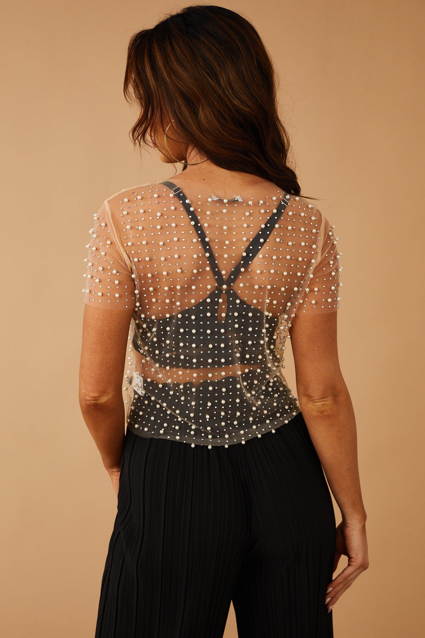 Nude Pearl and Rhinestone Short Sleeve Mesh Top