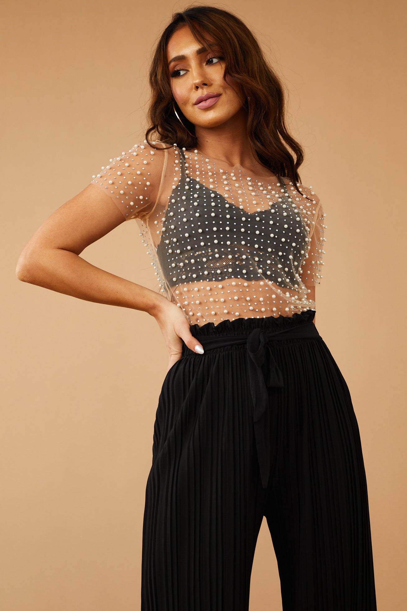 Nude Pearl and Rhinestone Short Sleeve Mesh Top