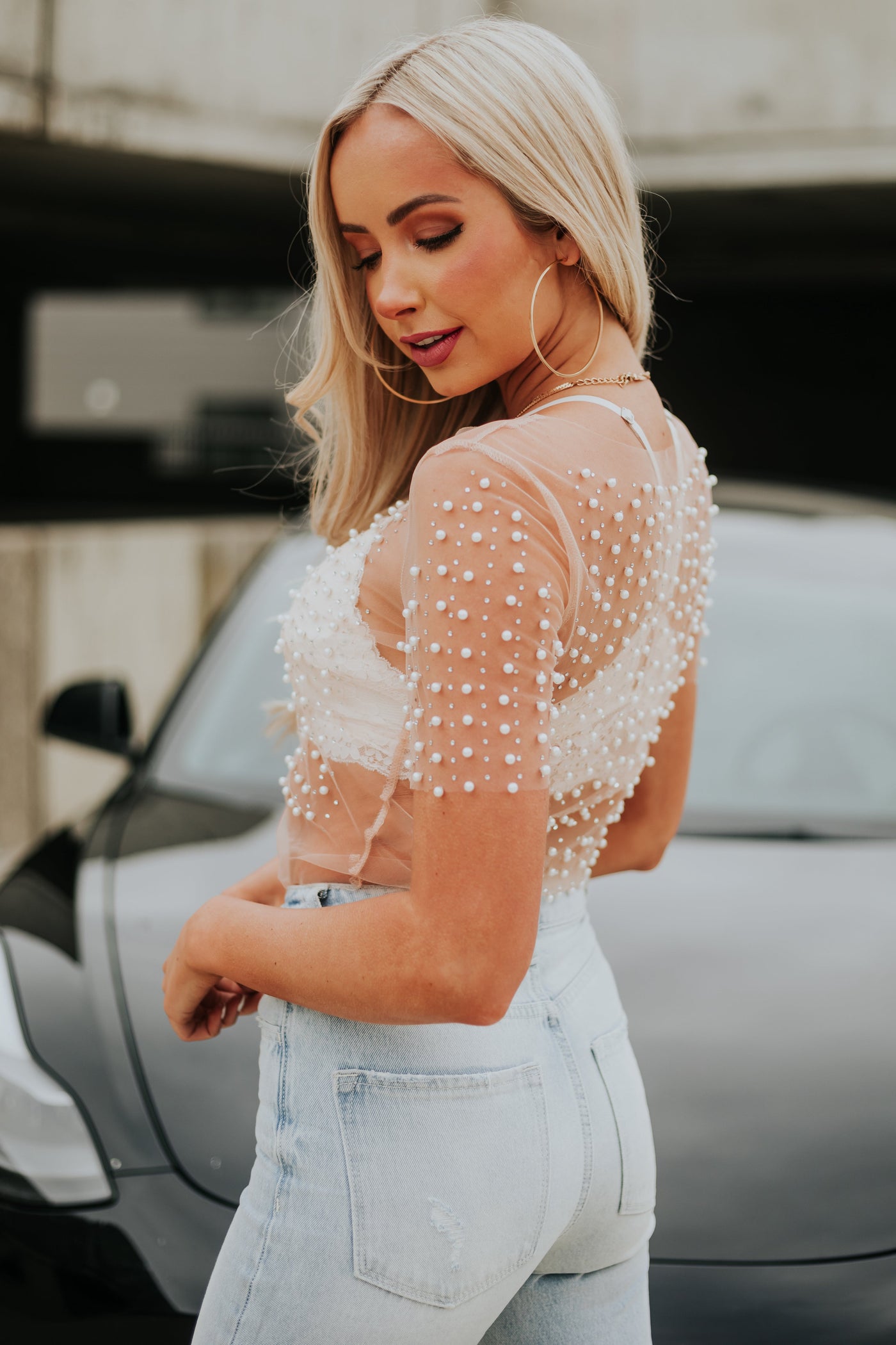 Nude Rhinestone and Pearl Embellished Mesh Top