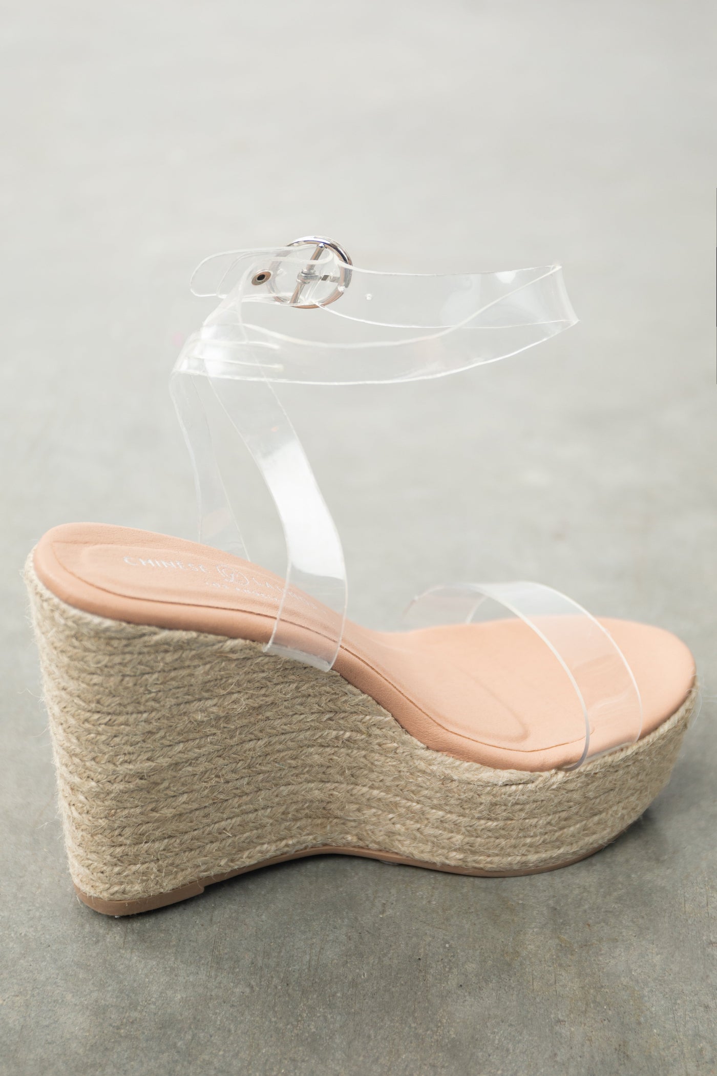 Nude Clear Lucite Ankle Strap Rattan Wedges