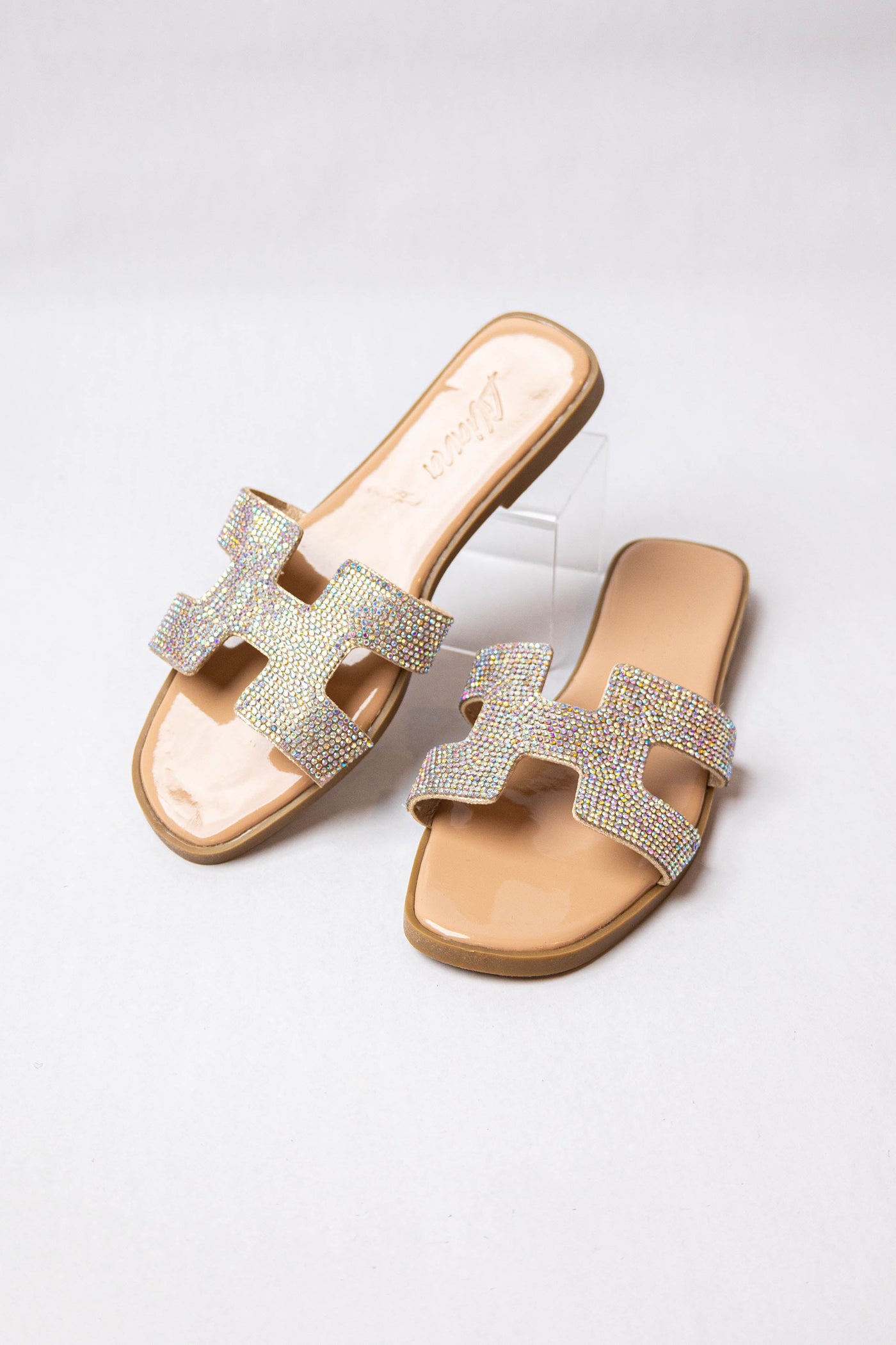 Nude Faux Leather Sandal with Rhinestone Strap