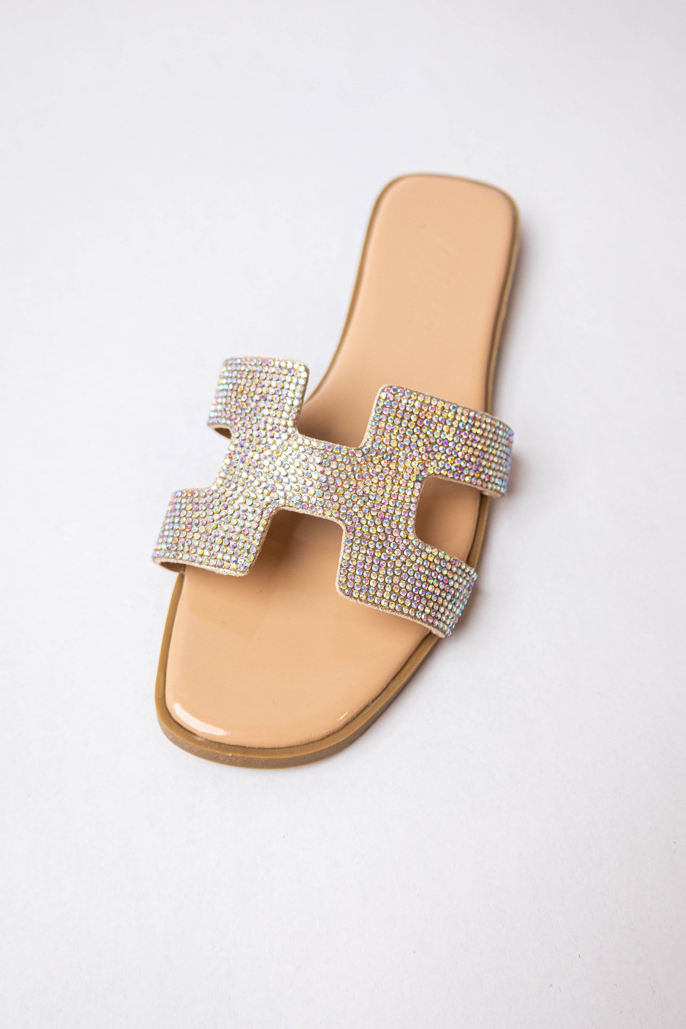 Nude Faux Leather Sandal with Rhinestone Strap