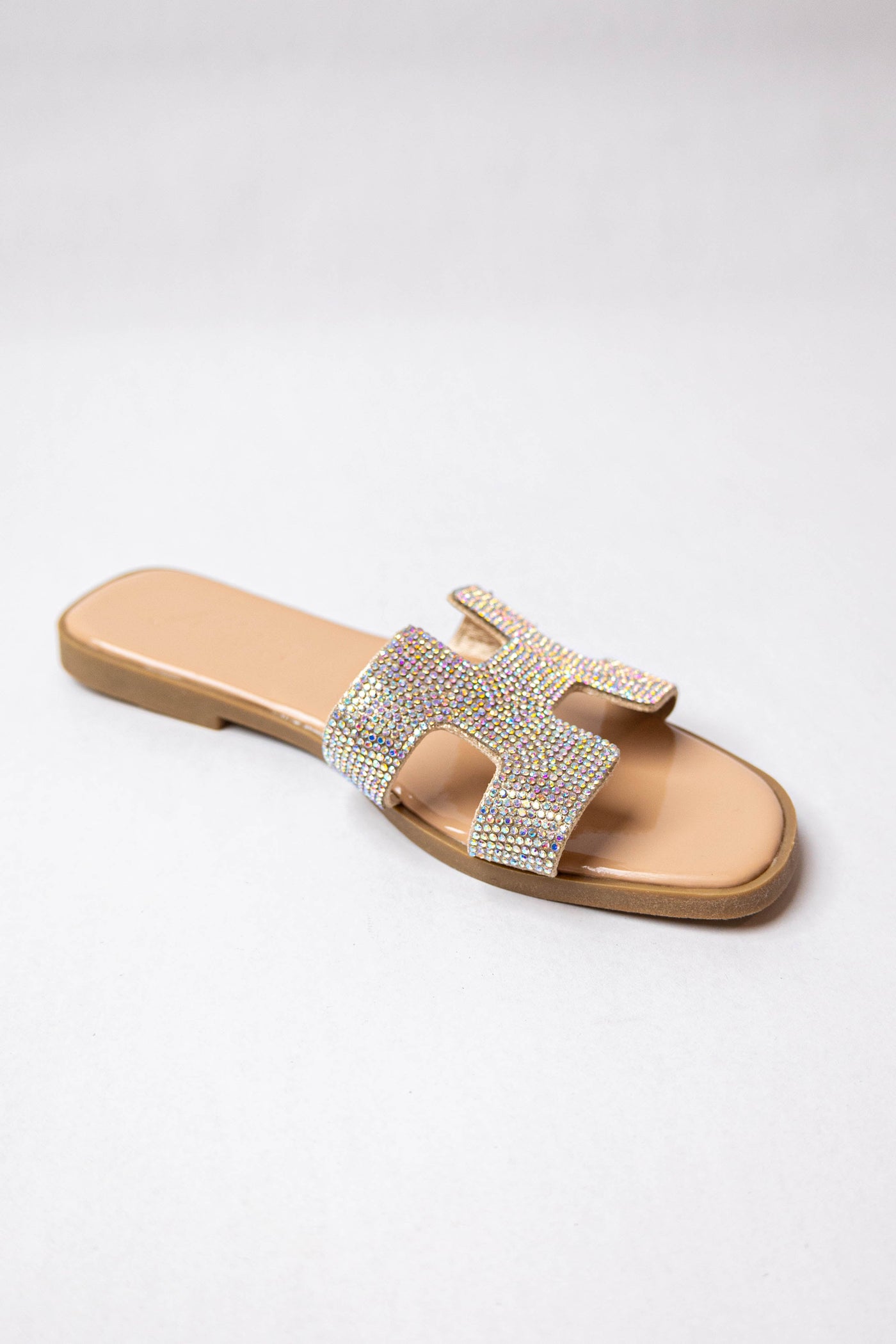 Nude Faux Leather Sandal with Rhinestone Strap