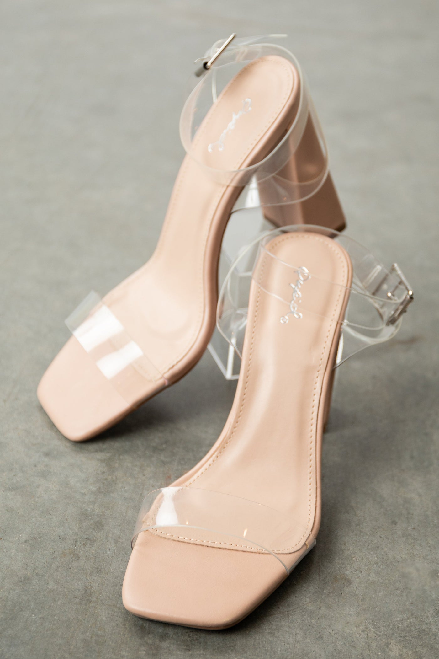 Nude Faux Leather Square Toe Lucite Heels