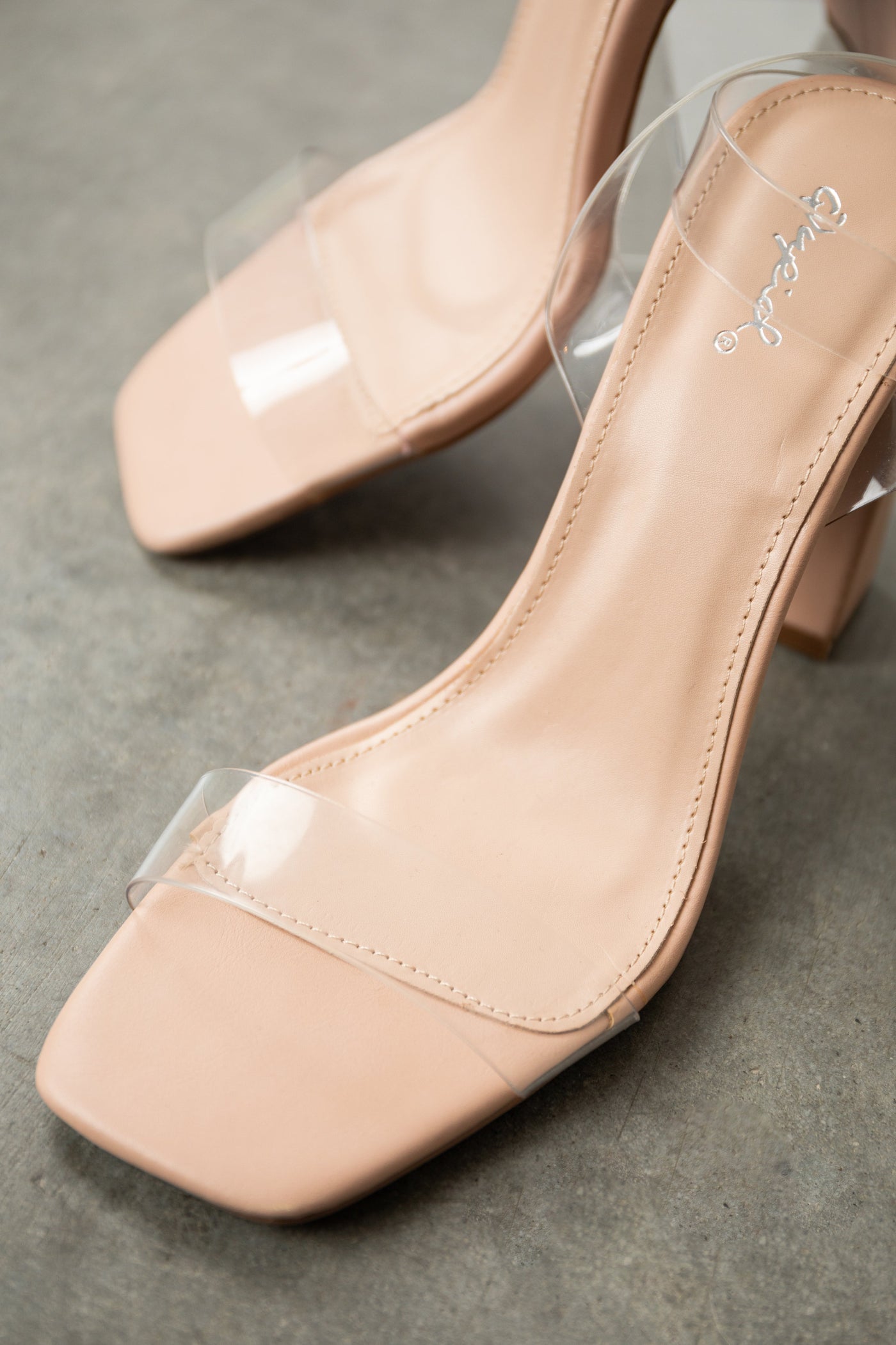 Nude Faux Leather Square Toe Lucite Heels