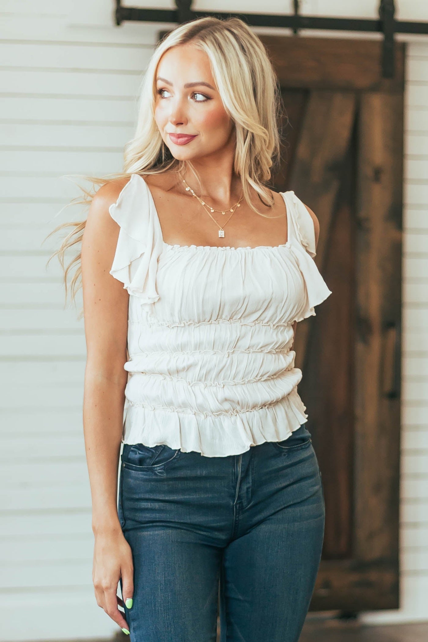 Nude Frill Ruched Flutter Sleeve Bodysuit