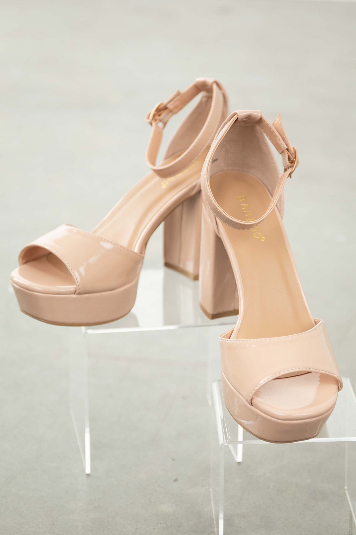 Nude Glossy Open Toe Platform Heels