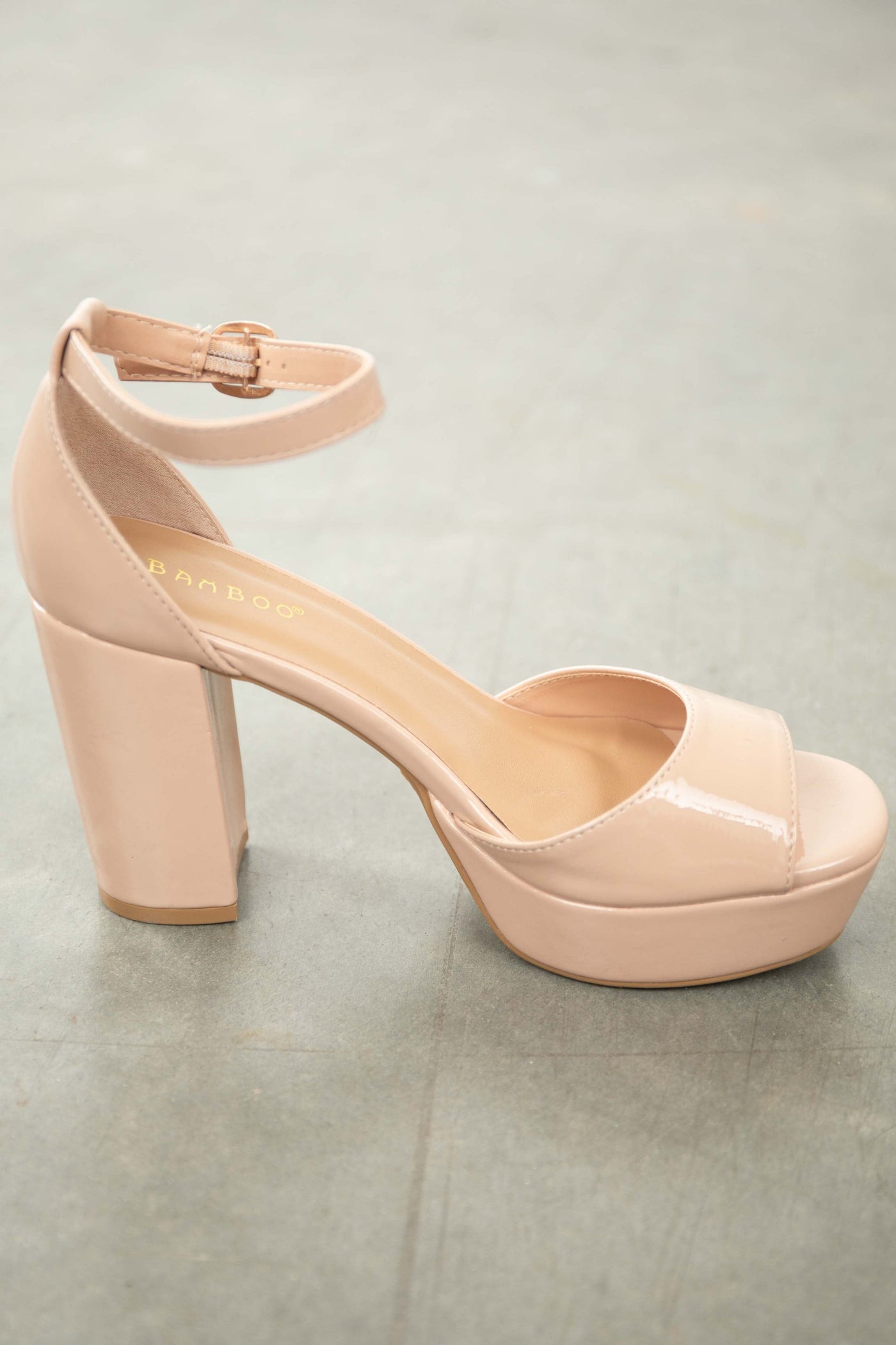 Nude Glossy Open Toe Platform Heels
