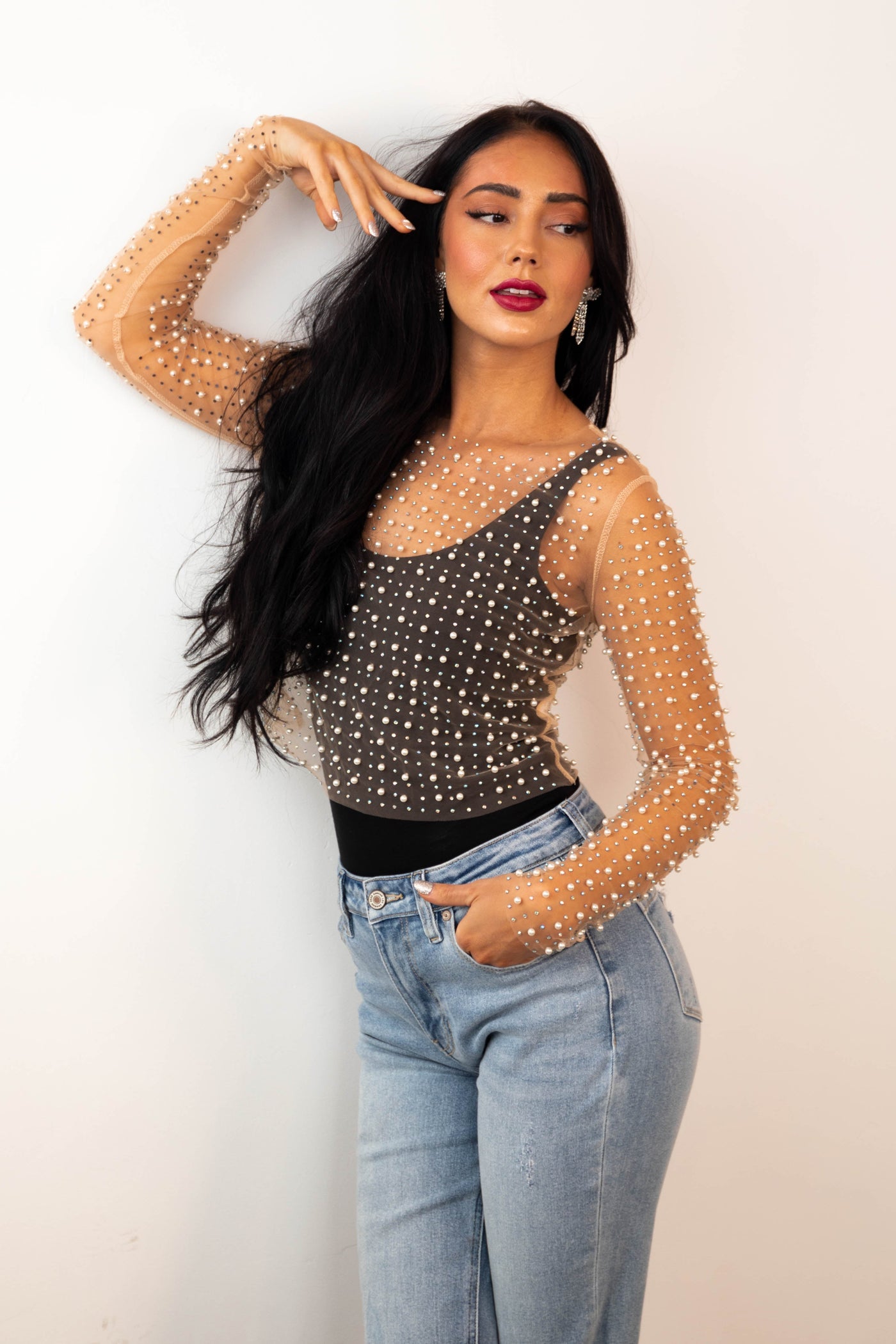 Nude Pearl and Rhinestone Detail Sheer Mesh Top