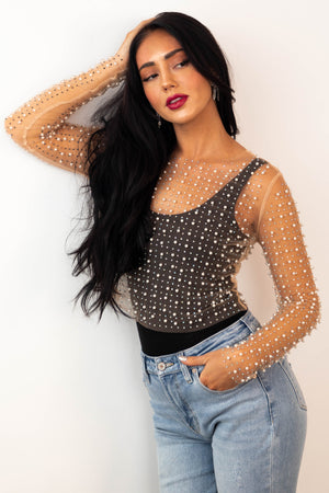 Nude Pearl and Rhinestone Detail Sheer Mesh Top