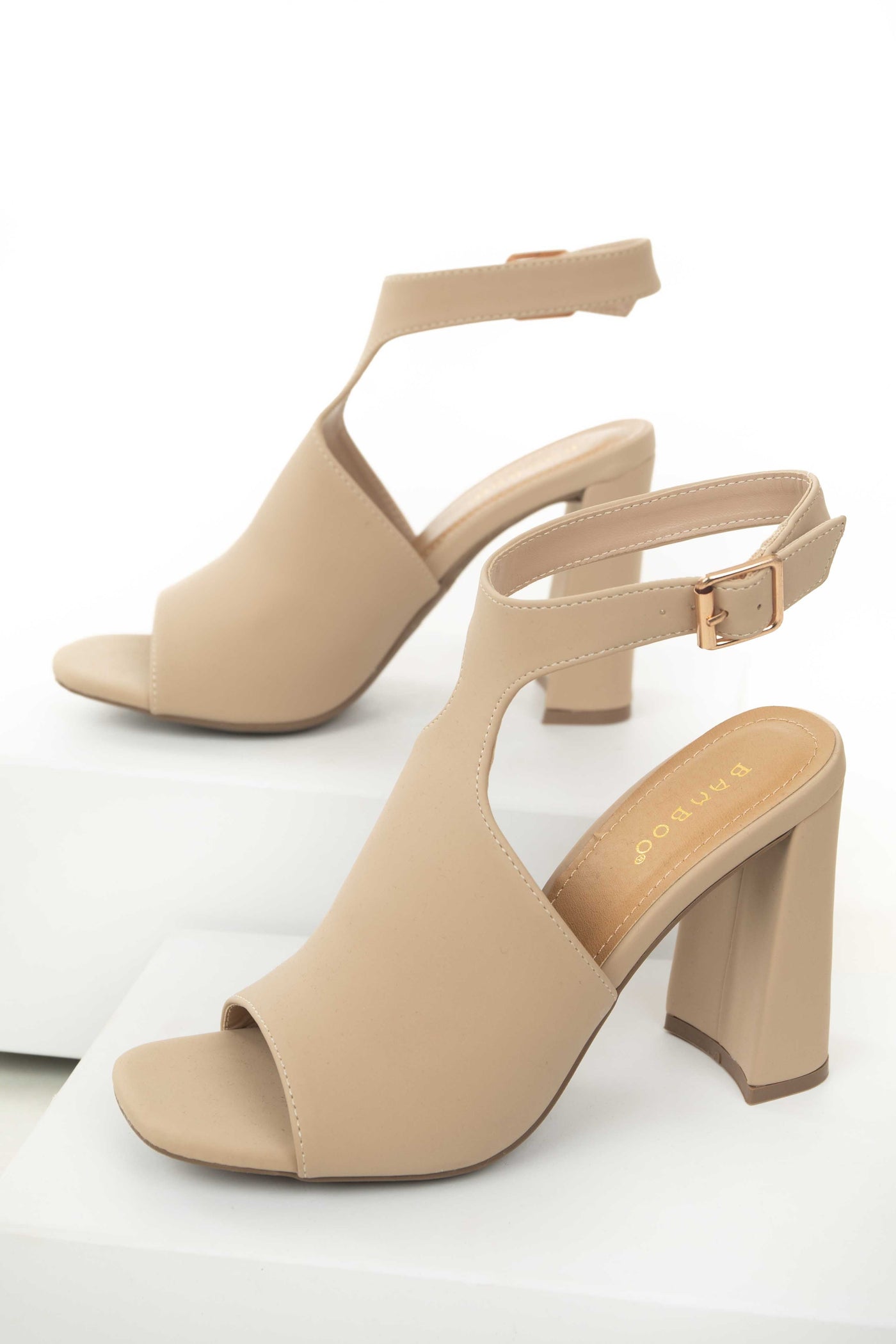 Nude Peep Toe Curved High Heels with Ankle Strap