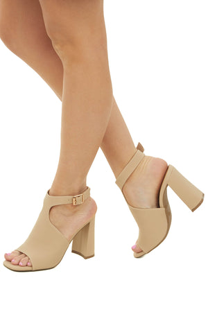 Nude Peep Toe Curved High Heels with Ankle Strap
