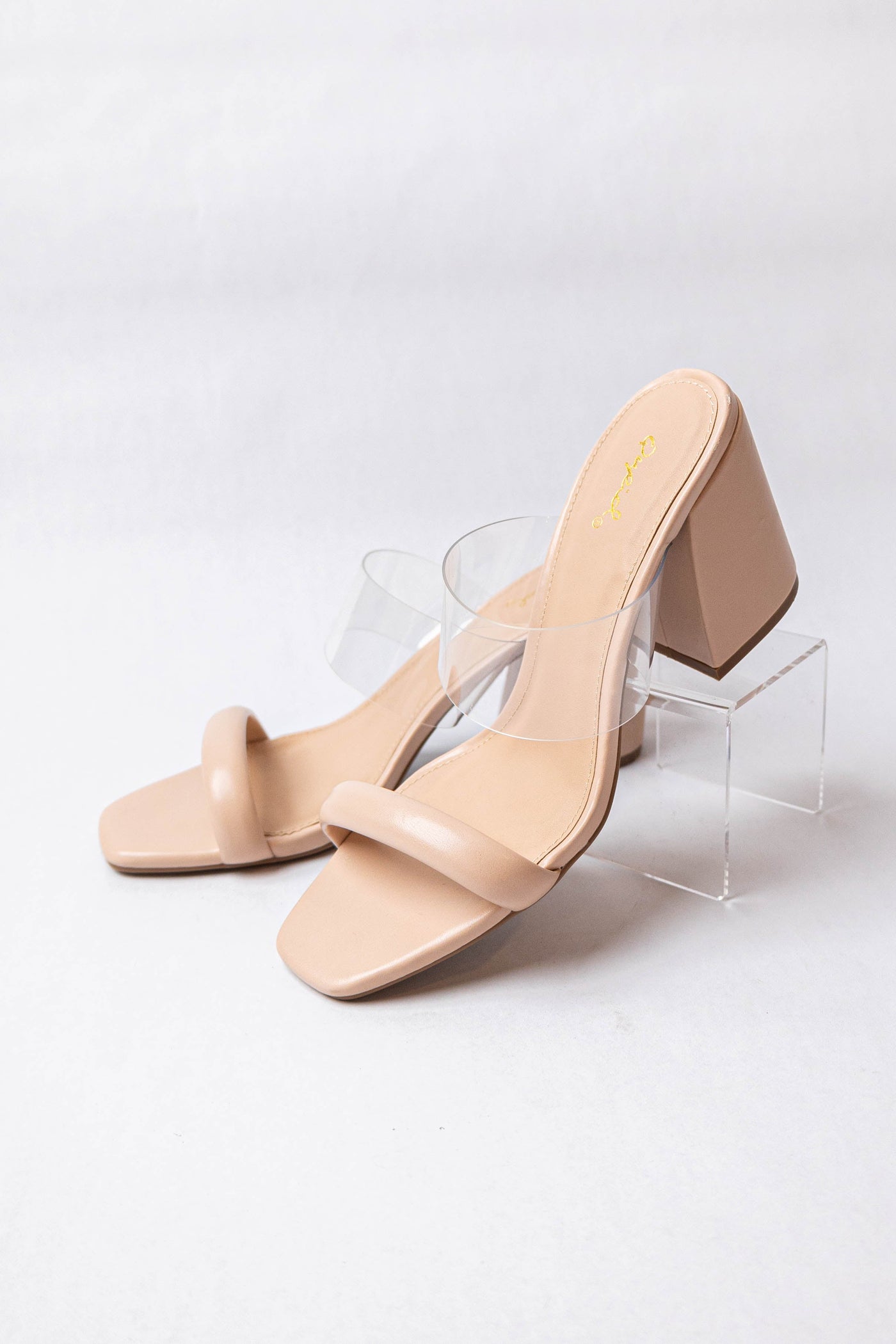 Nude Pleather Dual Band Slip On Square Toe Heels