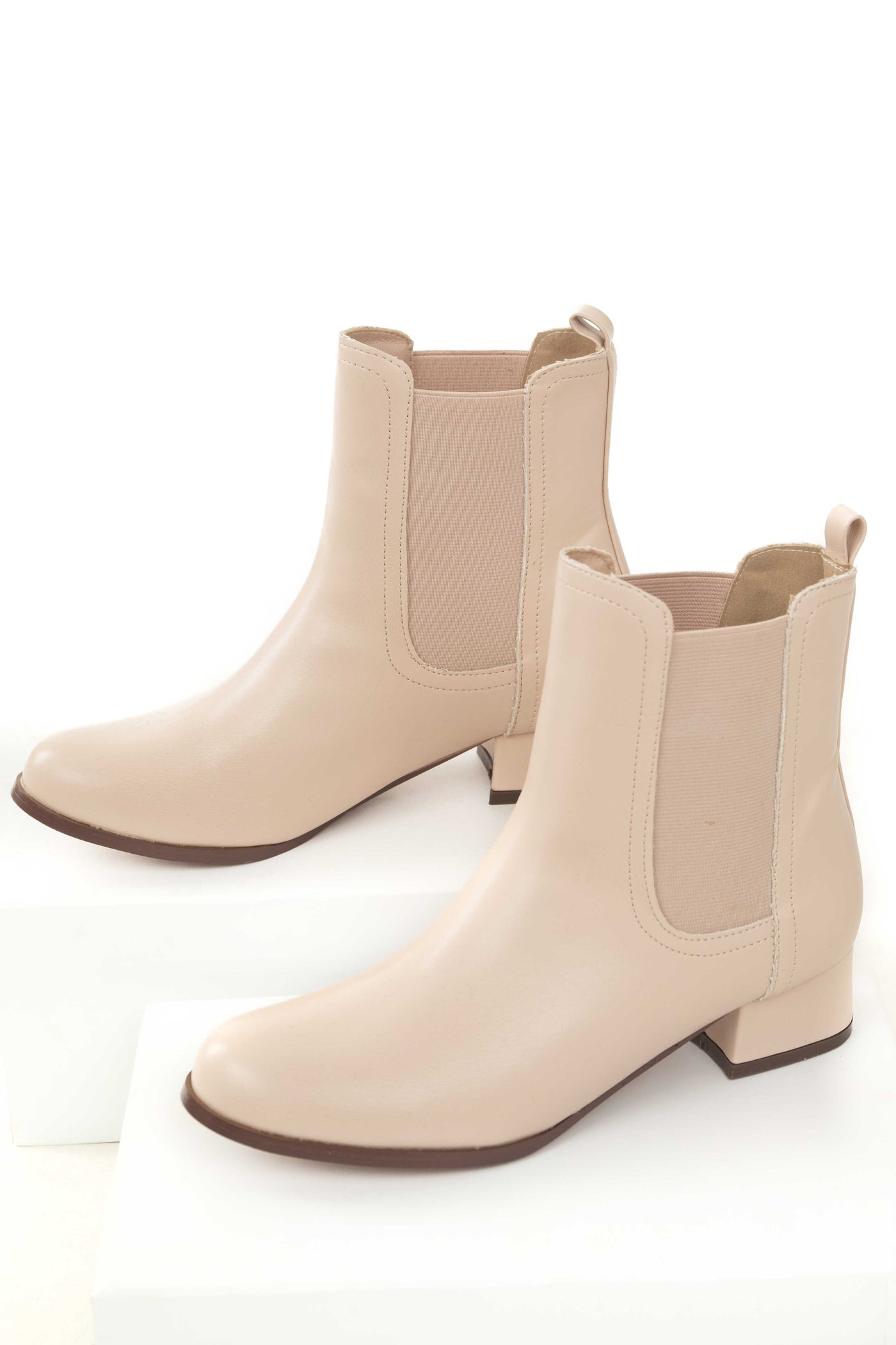 Nude Pleather Elastic Panel Low Heel Booties