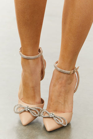 Nude Pleather Rhinestone Bow Pointed Heels