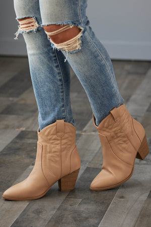 Nude Pointed Toe Heeled Western Booties