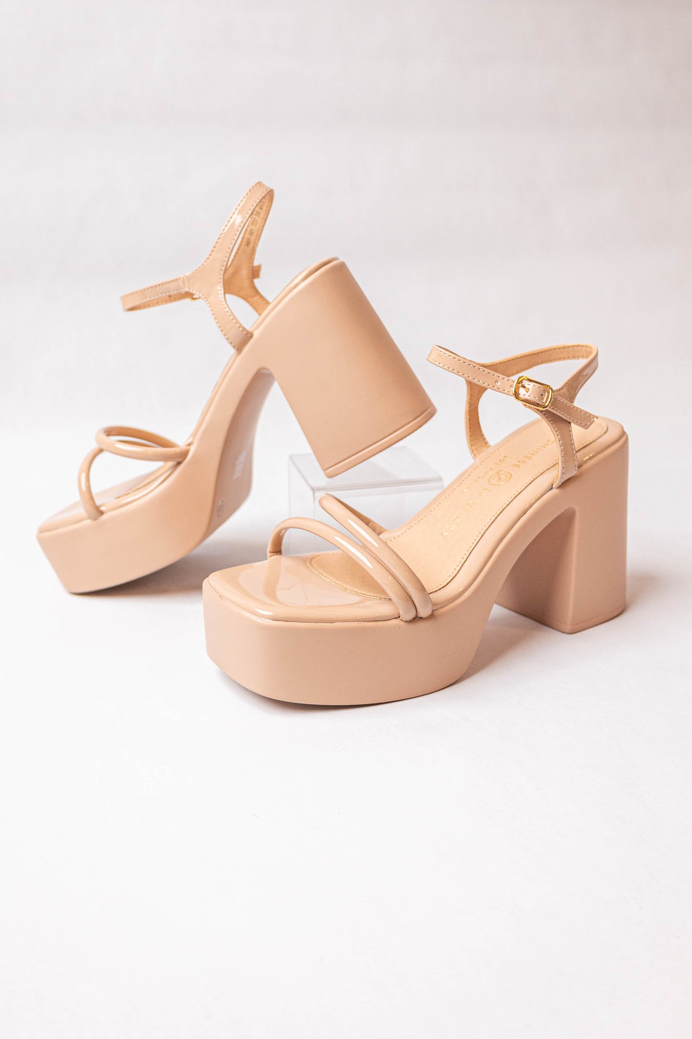 Nude Square Toe Block Heel Platform Sandals