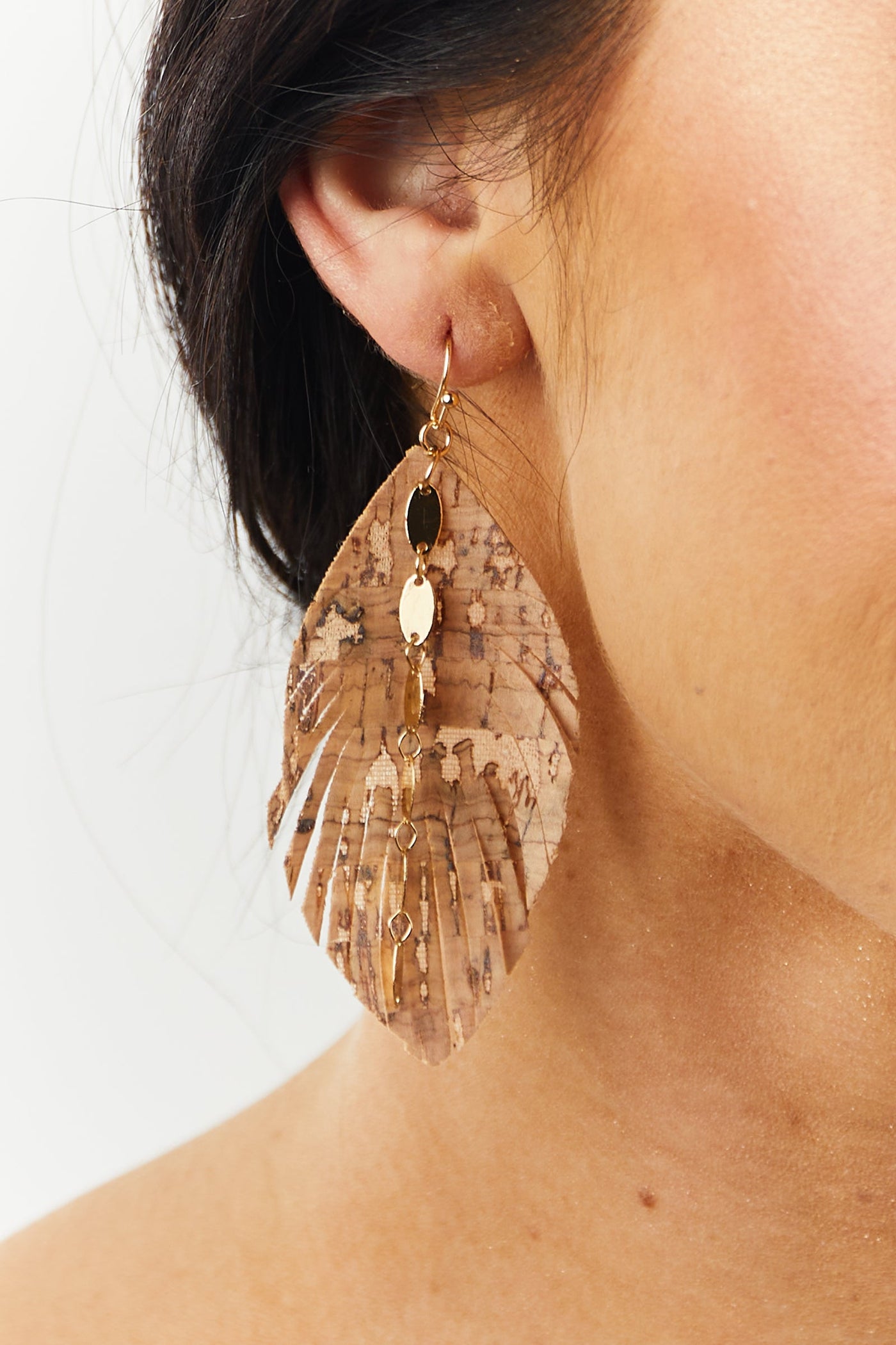 Nude Textured Feathered Earrings with Gold Chain Detail